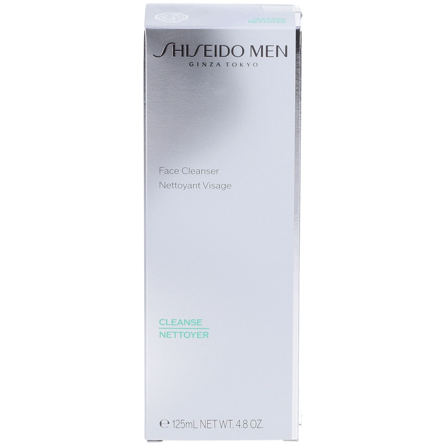 Scatola Shiseido Men Face Cleanser. Bianca, rettangolare, con nome e logo del prodotto. Accenti verdognoli.