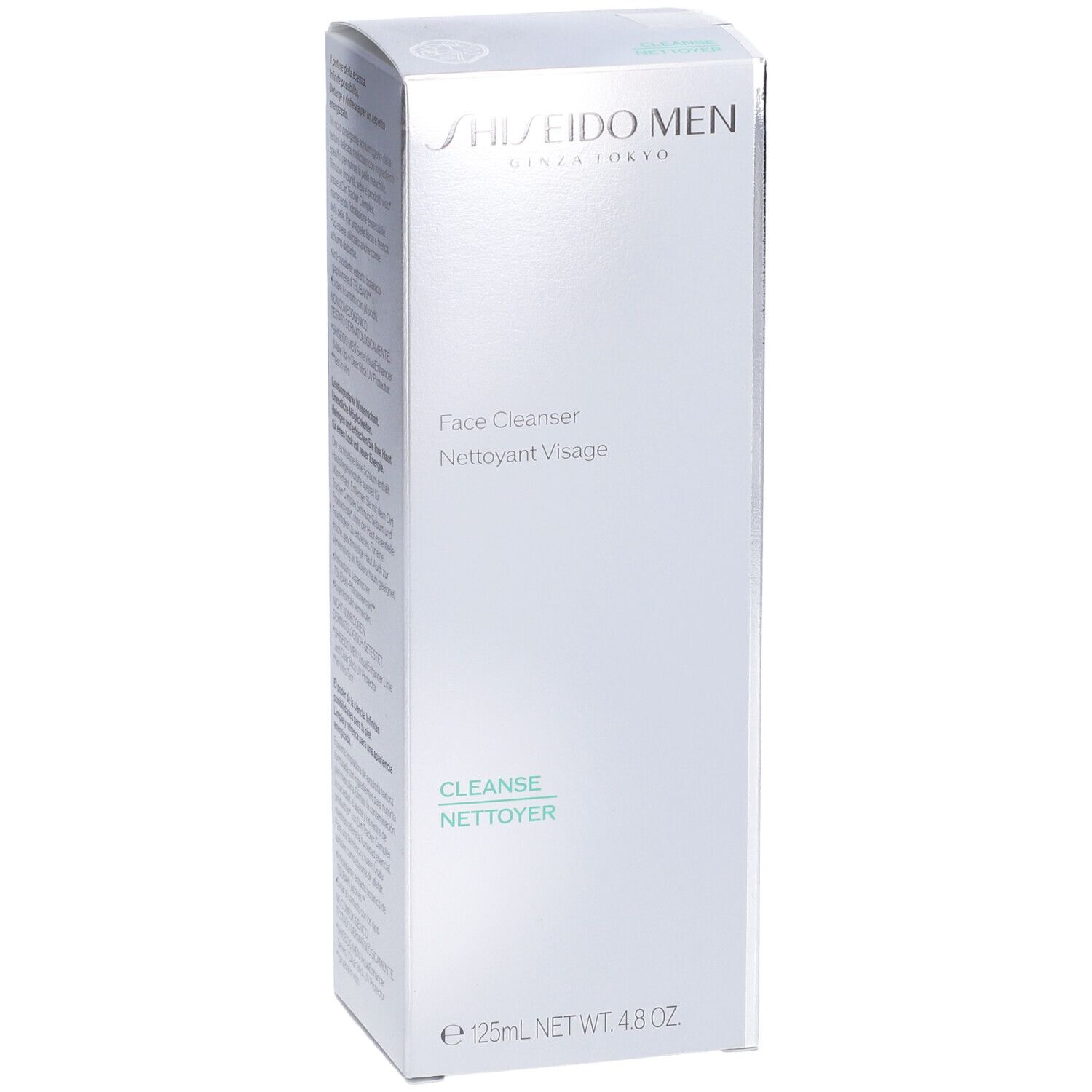 Scatola Shiseido Men Face Cleanser. Bianca, rettangolare, con nome e logo del prodotto. Accenti verdognoli.
