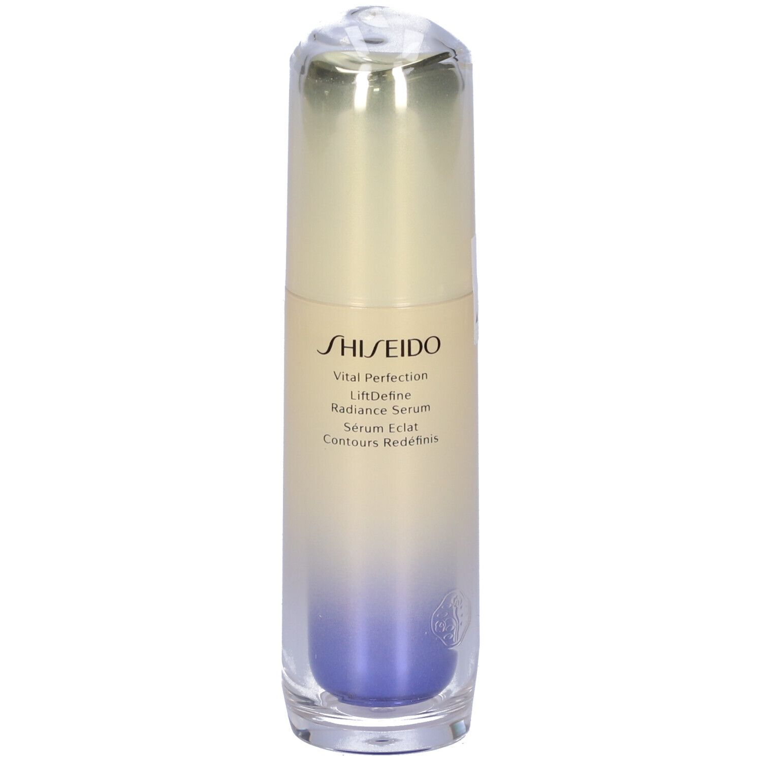 Flacone cilindrico di siero. Sfumatura blu-beige. Logo SHISEIDO e nome del prodotto visibili.