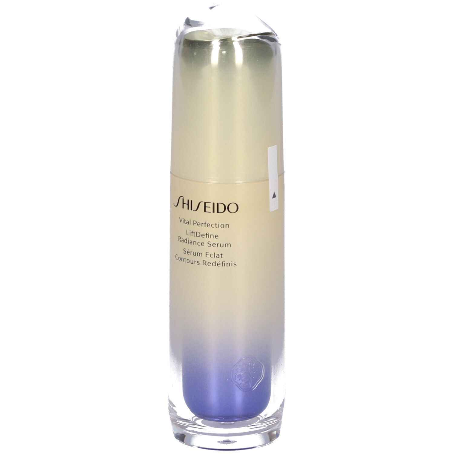 Flacone cilindrico di siero. Sfumatura blu-beige. Logo SHISEIDO e nome del prodotto visibili.