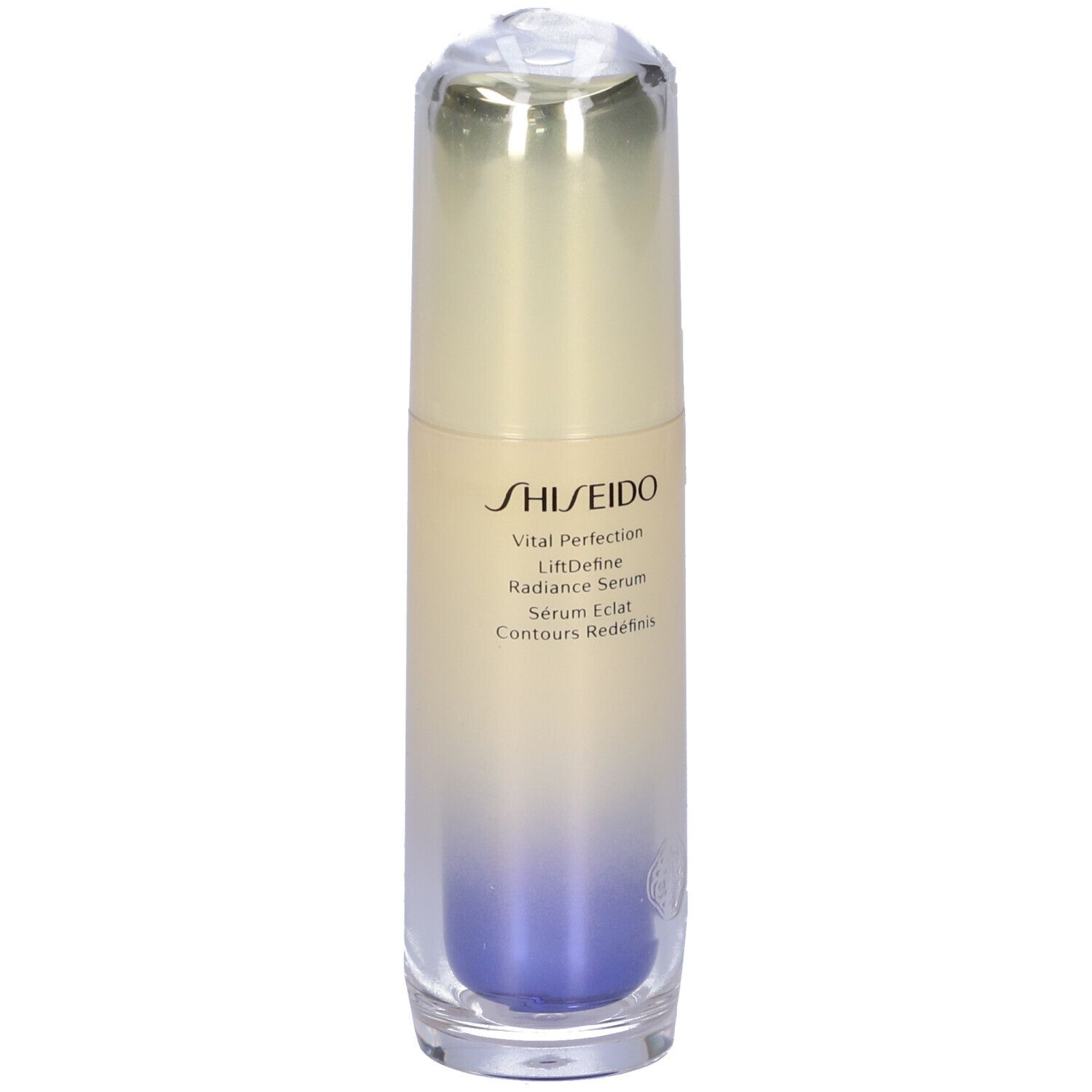 Flacone cilindrico di siero. Sfumatura blu-beige. Logo SHISEIDO e nome del prodotto visibili.