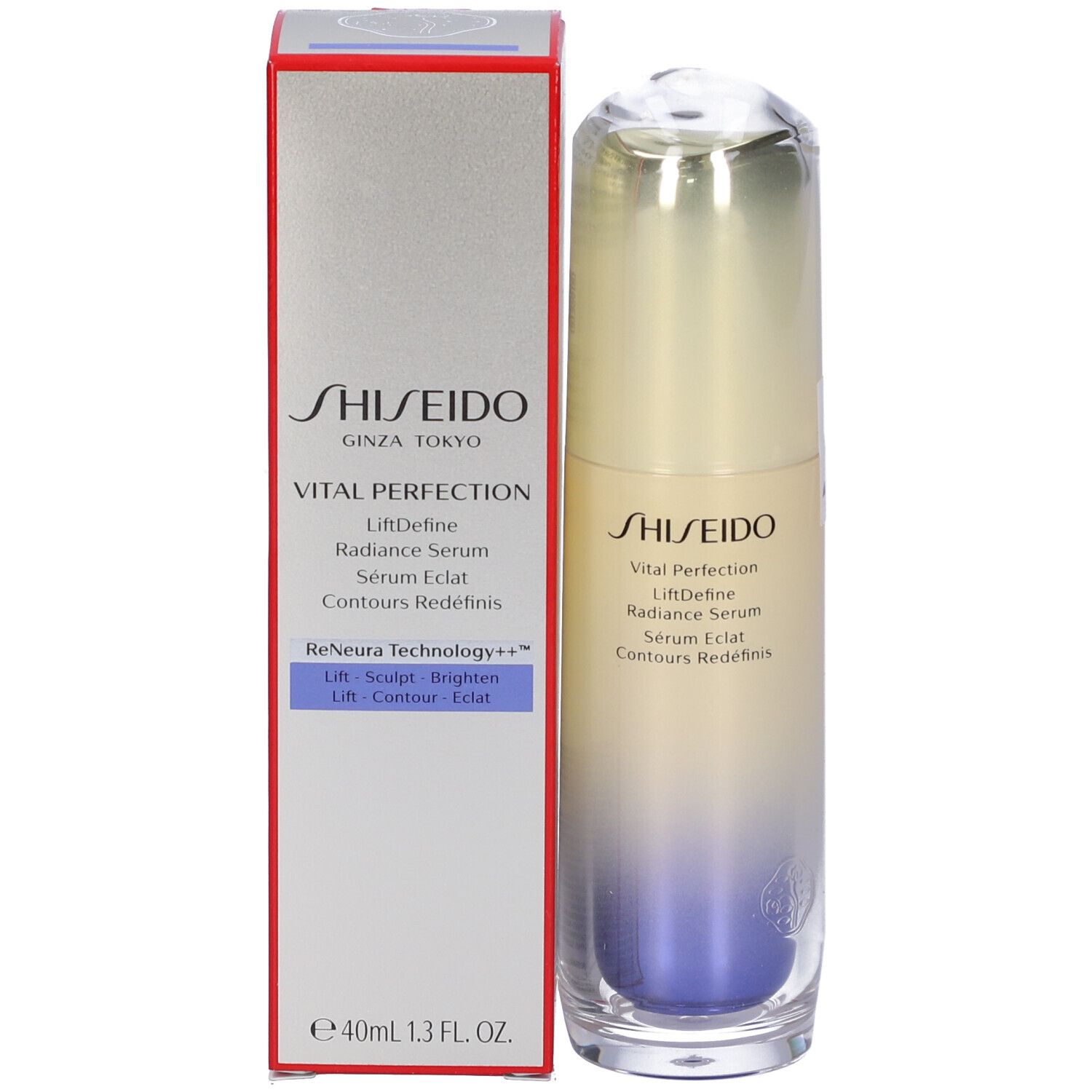 Flacone di siero e confezione. Sfumatura blu-beige. Logo SHISEIDO e nome del prodotto visibili.
