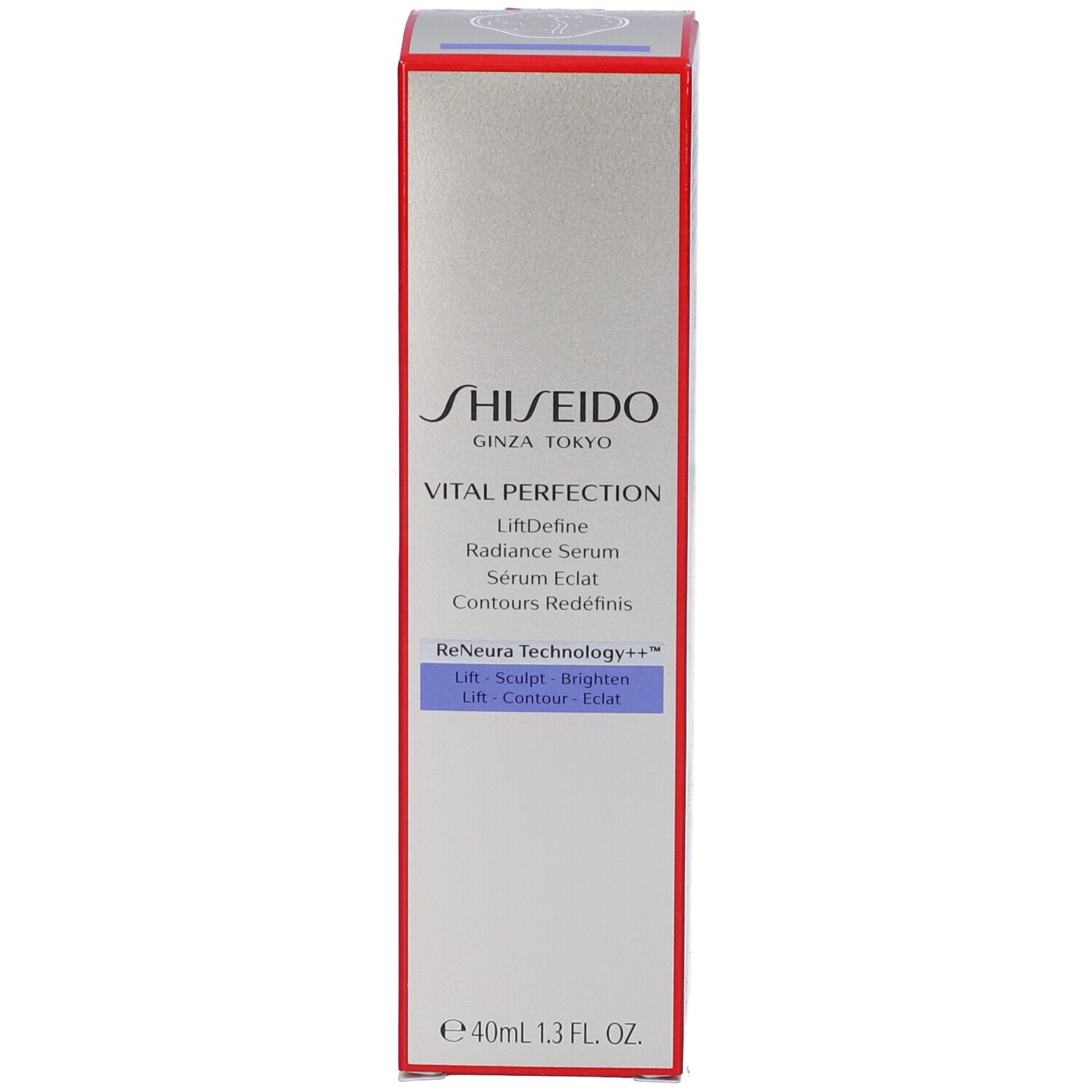 Confezione del siero. Sfumatura blu-beige. Logo SHISEIDO e nome del prodotto visibili.