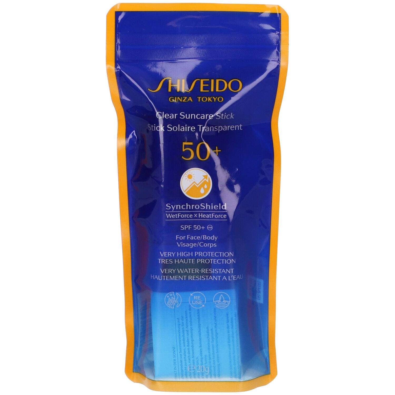 Confezione blu trasparente con Shiseido Clear Suncare Stick SPF50+. Bordo giallo. Testo: 'SPF 50+' e 'SynchroShield'.