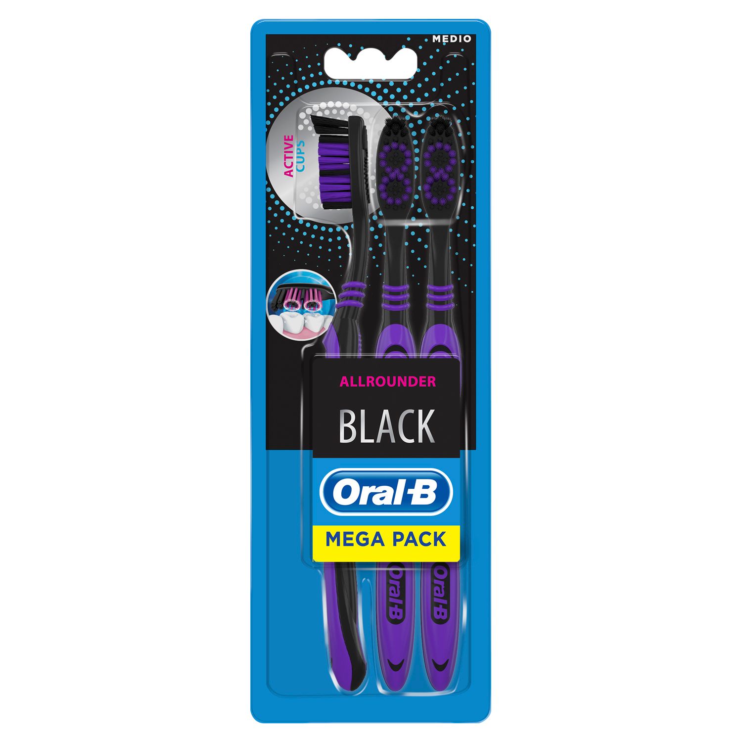 Verpackung mit drei schwarzen Oral-B Allrounder Zahnbürsten. Schwarze Borsten, lila Griffe. Mega Pack.