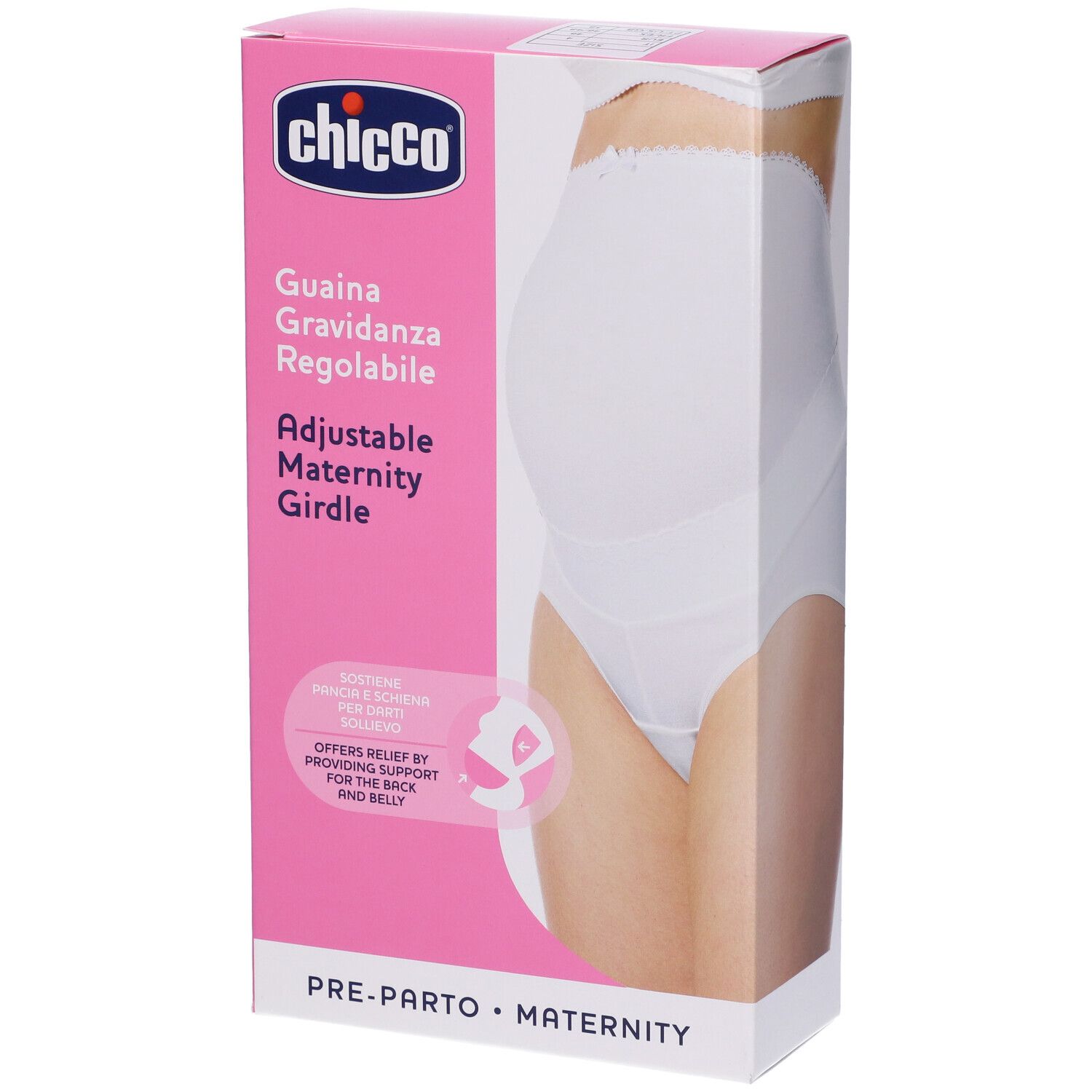Confezione con mutandine premaman bianche. Marchio Chicco. Testo: Guaina Gravidanza Regolabile, Adjustable Maternity Girdle.
