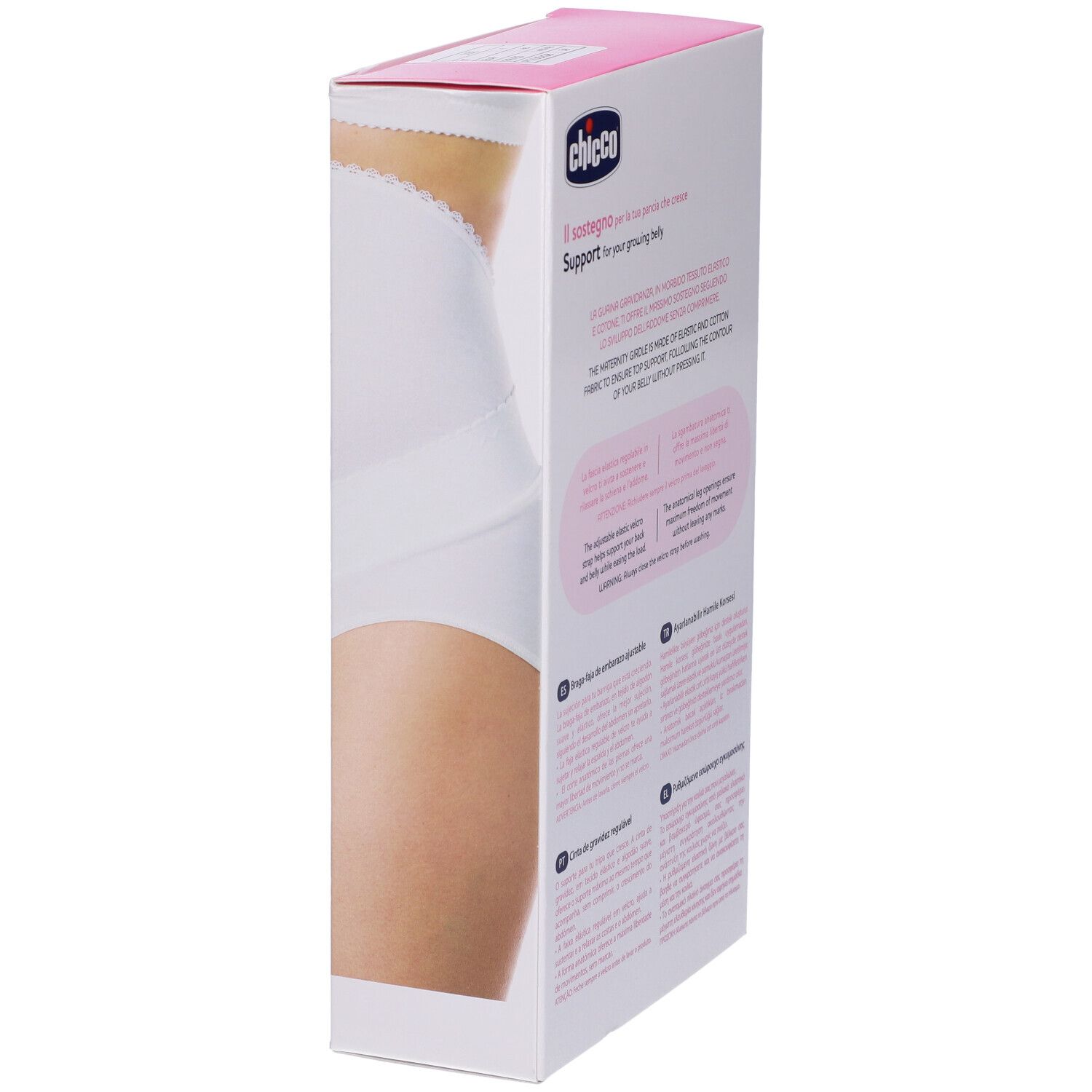 Vista laterale della confezione. Marchio Chicco. Testo: Support for your growing belly. Descrizione del prodotto.
