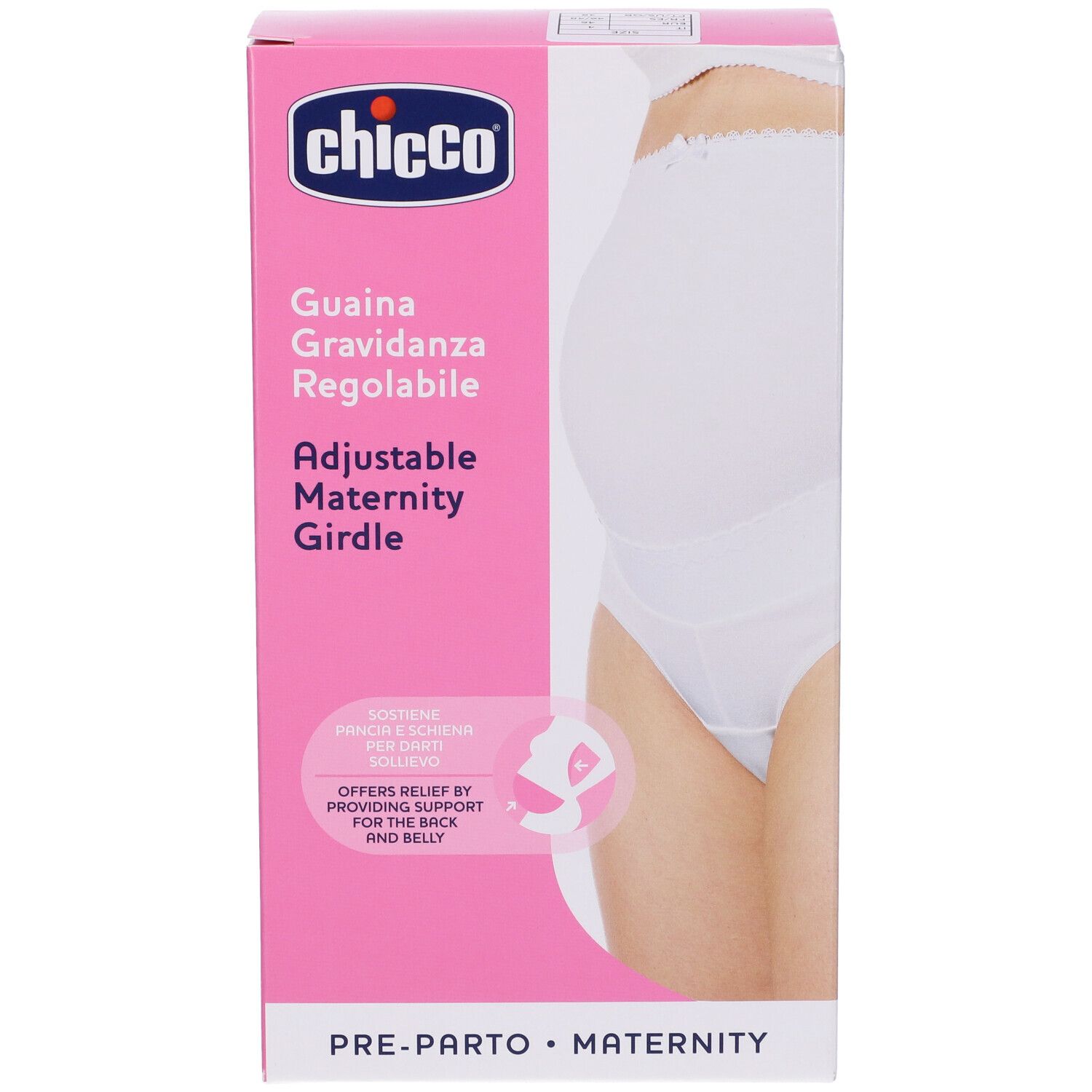 Confezione con mutandine premaman bianche. Marchio Chicco. Testo: Guaina Gravidanza Regolabile, Adjustable Maternity Girdle.