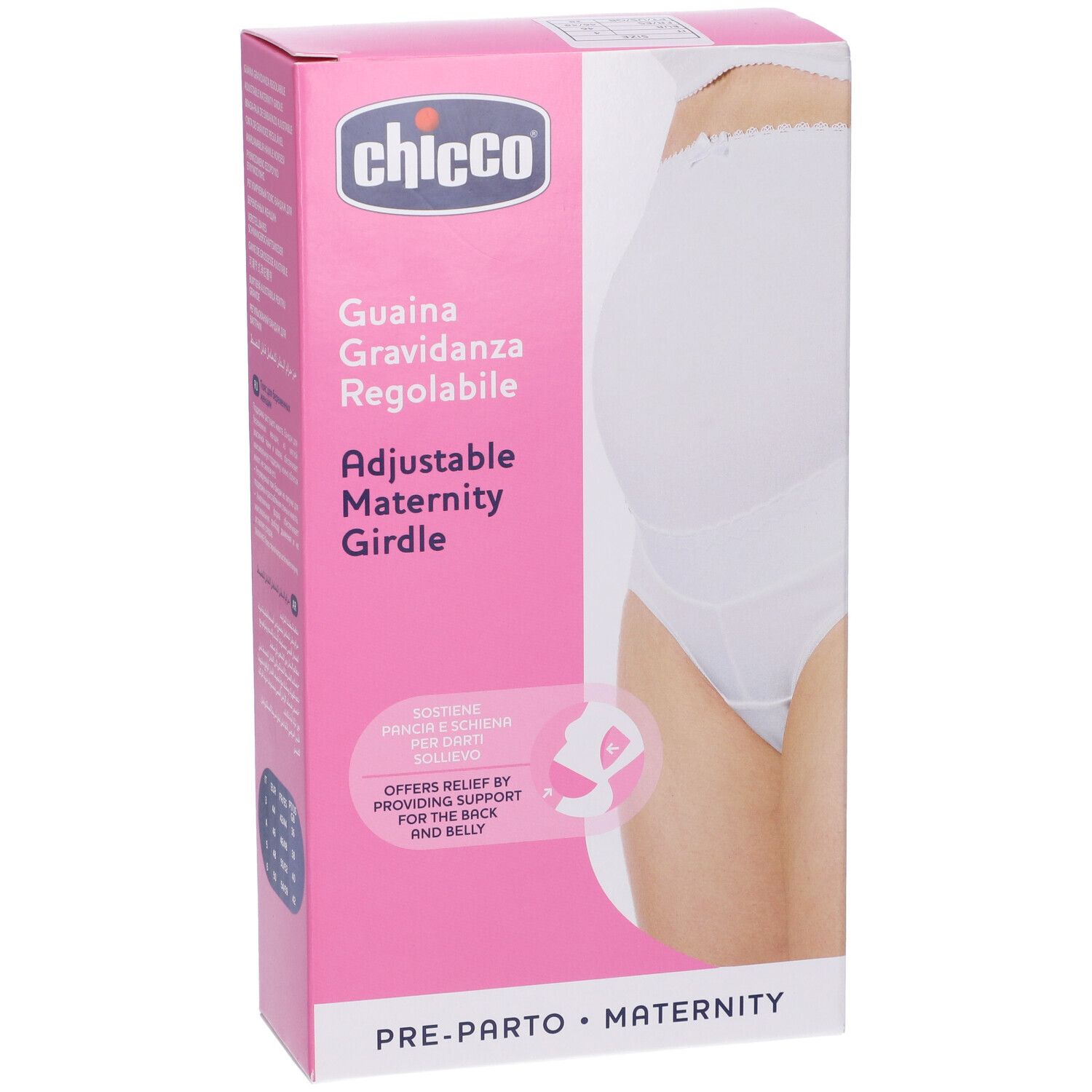 Confezione con mutandine premaman bianche. Marchio Chicco. Testo: Guaina Gravidanza Regolabile, Adjustable Maternity Girdle.