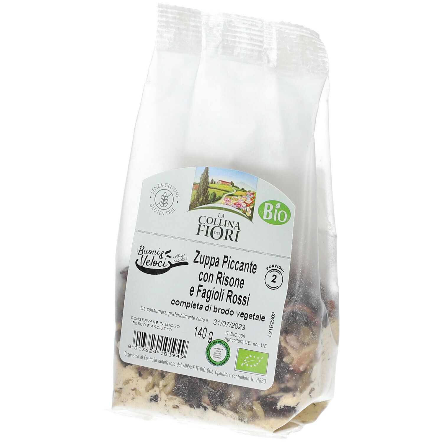 Confezione di Zuppa Piccante con Risone e Fagioli Rossi. Certificazione Bio. 140g. Data di scadenza.