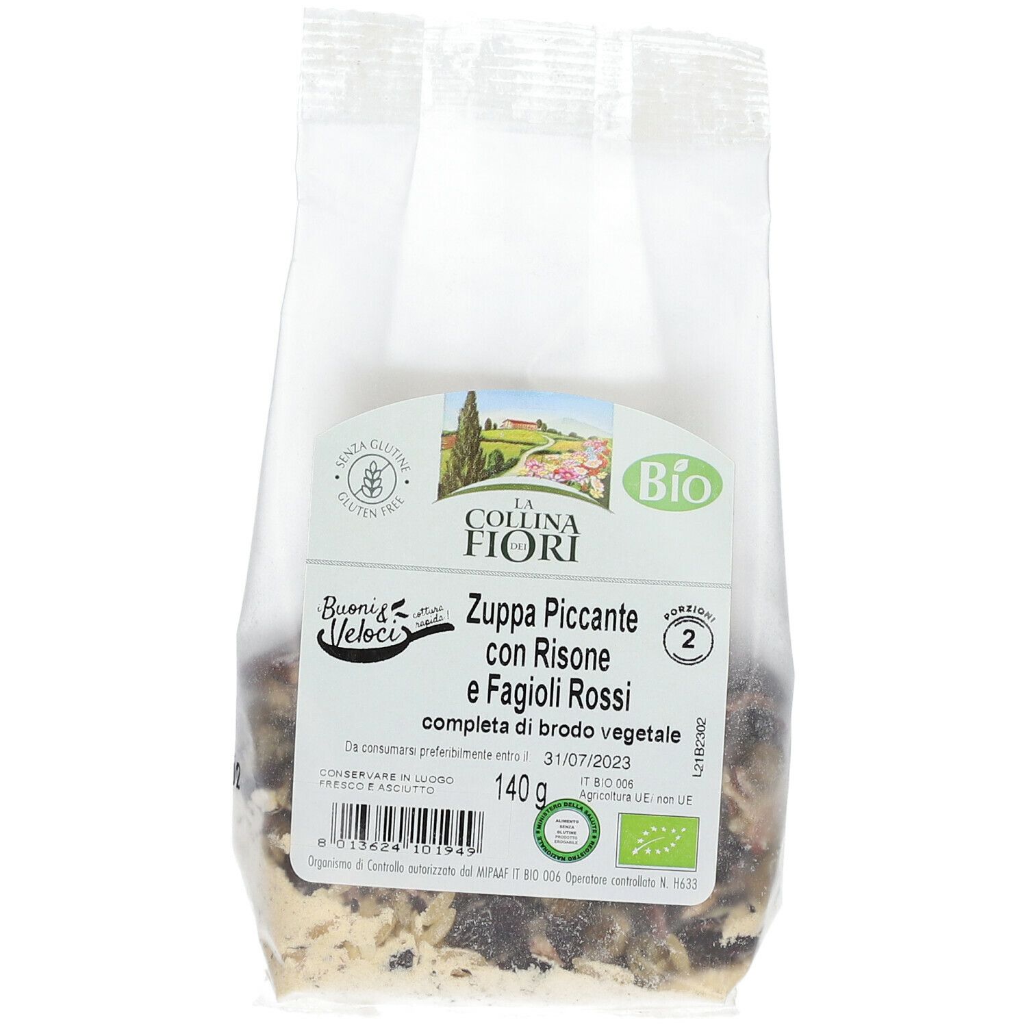Confezione di Zuppa Piccante con Risone e Fagioli Rossi. Certificazione Bio. 140g. Data di scadenza.