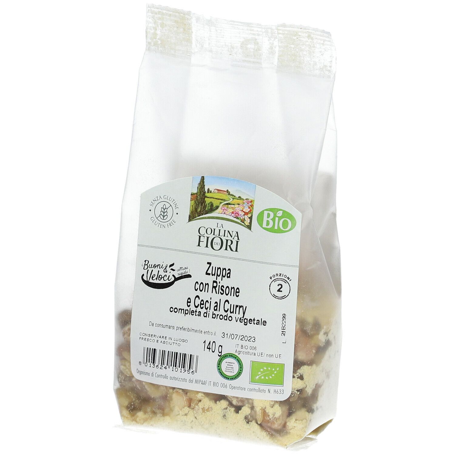 Confezione trasparente. Zuppa senza glutine con risone, ceci e curry. Certificazione biologica. Peso 140g.
