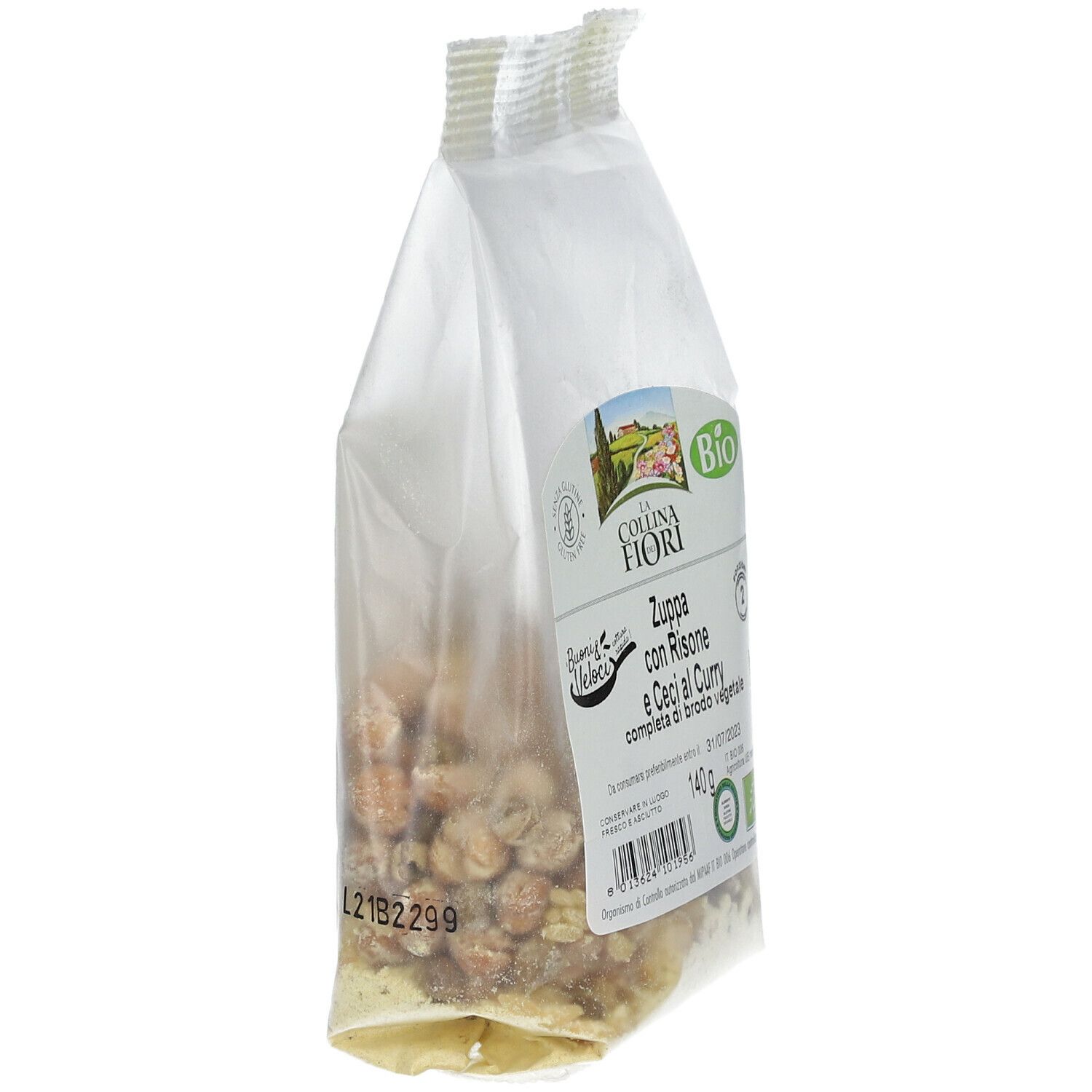 Confezione trasparente. Zuppa senza glutine con risone, ceci e curry. Certificazione biologica. Vista laterale.