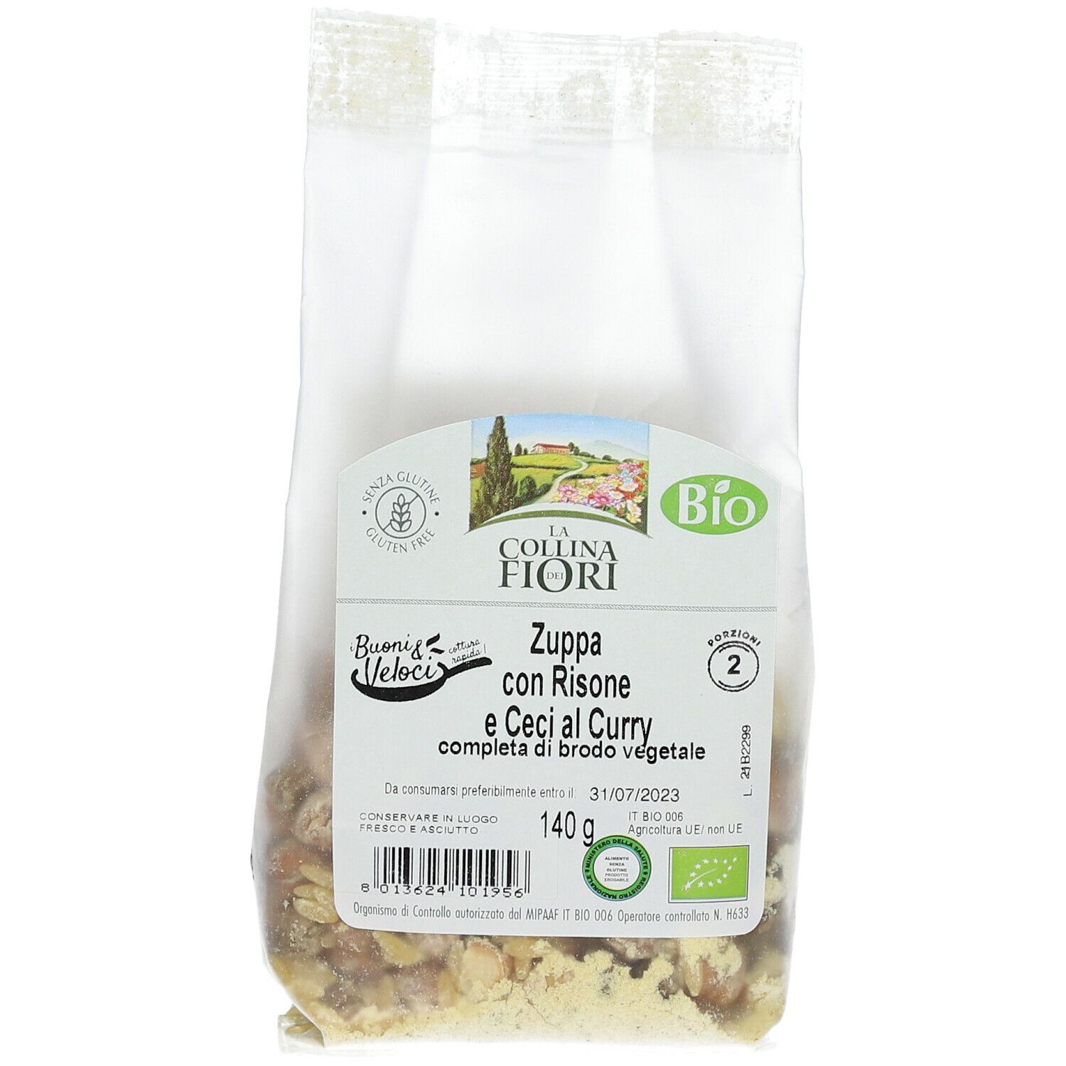 Confezione trasparente. Zuppa senza glutine con risone, ceci e curry. Certificazione biologica. Data di scadenza.