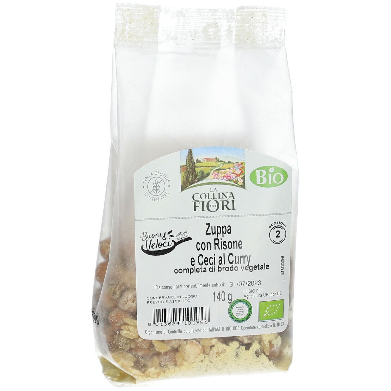 Confezione trasparente. Zuppa senza glutine con risone, ceci e curry. Certificazione biologica. Data di scadenza.
