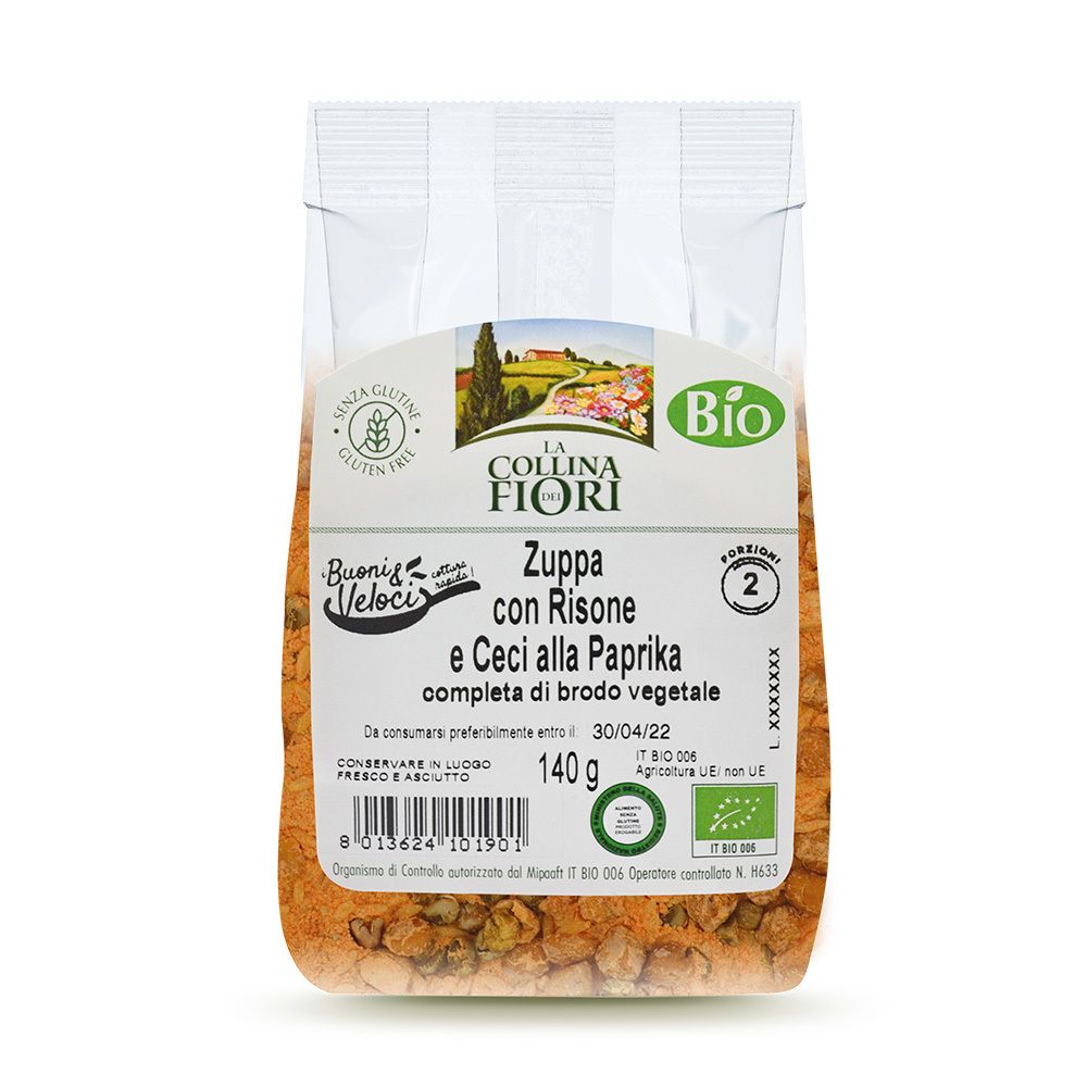 Confezione trasparente con stampa. Scritta: Zuppa con Risone e Ceci alla Paprika. Senza glutine e marchio bio.
