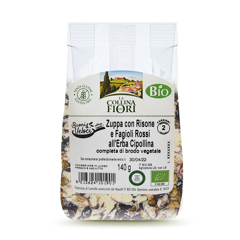 Busta trasparente di zuppa. Scritta: La Collina dei Fiori, Zuppa con Risone e Fagioli Rossi, senza glutine, marchio bio, 140g.