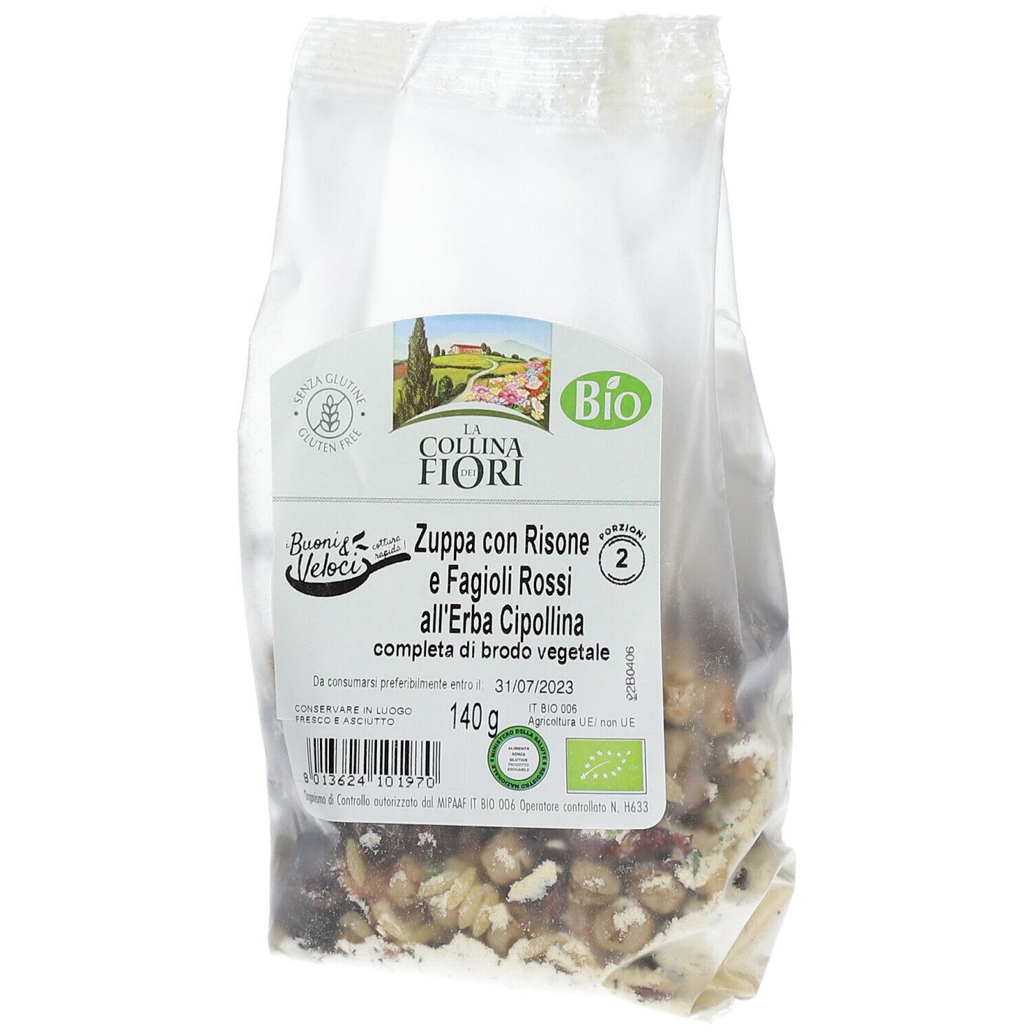Busta trasparente di zuppa. Scritta: La Collina dei Fiori, Zuppa con Risone e Fagioli Rossi, senza glutine, marchio bio, 140g.