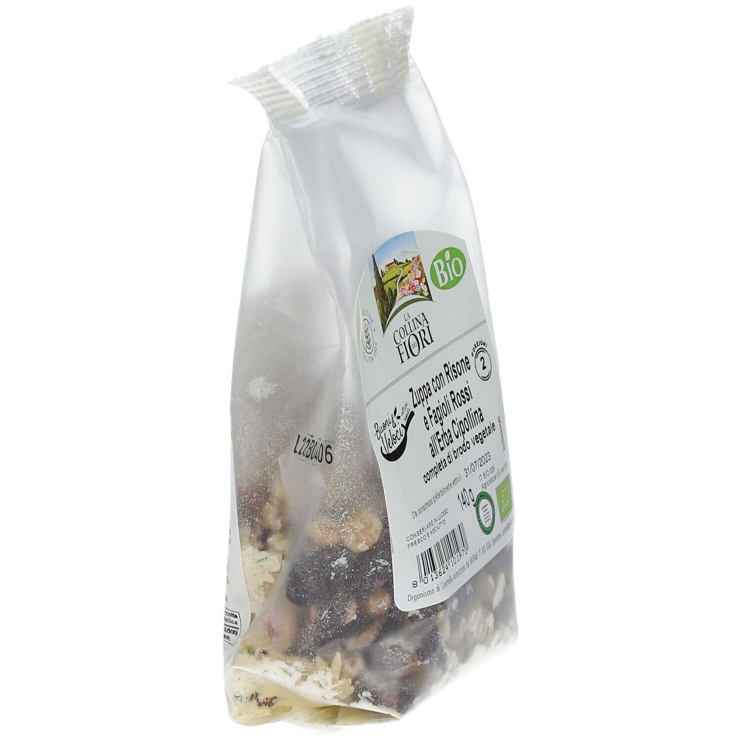 Busta trasparente di zuppa. Scritta: La Collina dei Fiori, Zuppa con Risone e Fagioli Rossi, senza glutine, marchio bio, 140g.