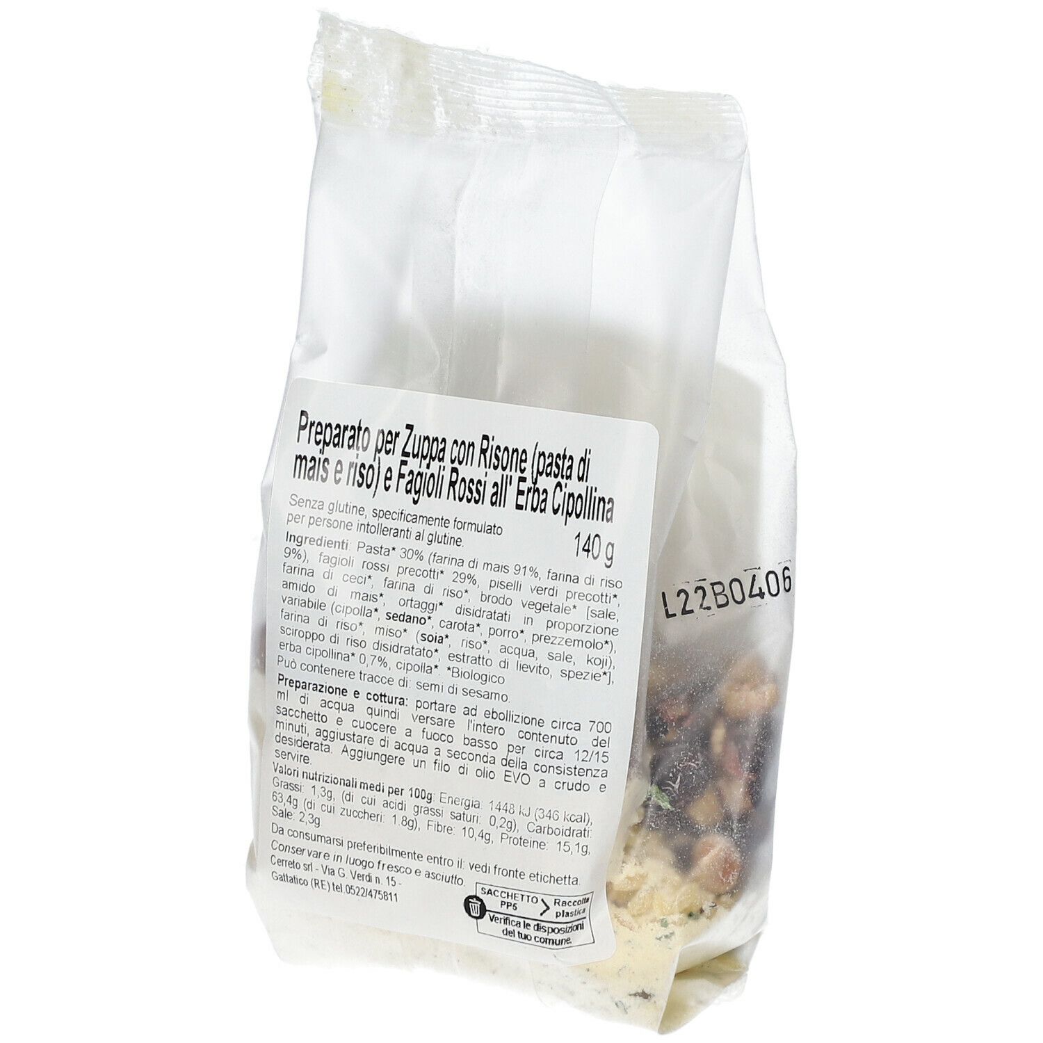 Retro di una busta trasparente di zuppa. Testo: ingredienti, valori nutrizionali, istruzioni per la preparazione. 140g. Marchio bio.