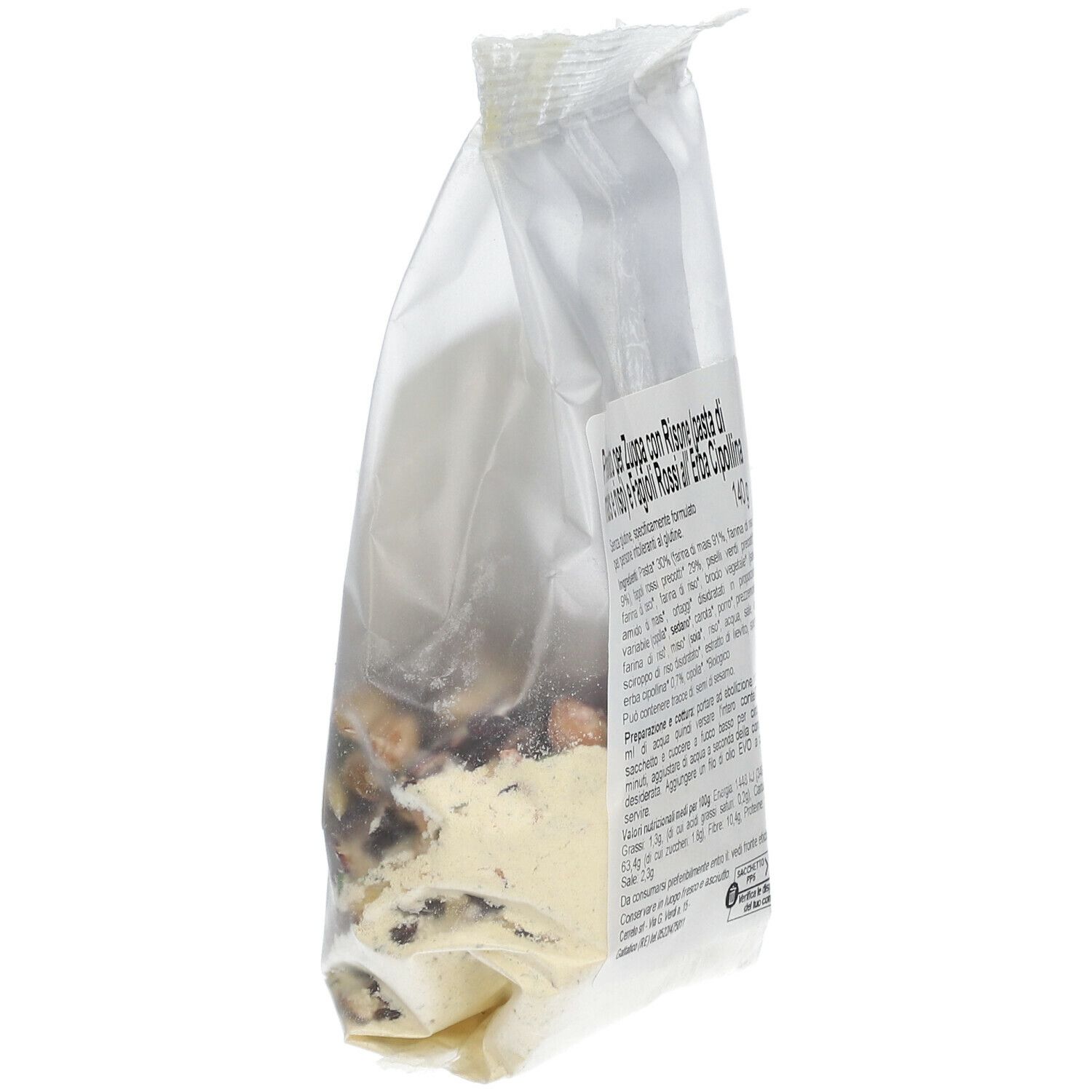 Vista laterale di una busta trasparente di zuppa. Testo: ingredienti, valori nutrizionali, istruzioni per la preparazione. 140g. Marchio bio.