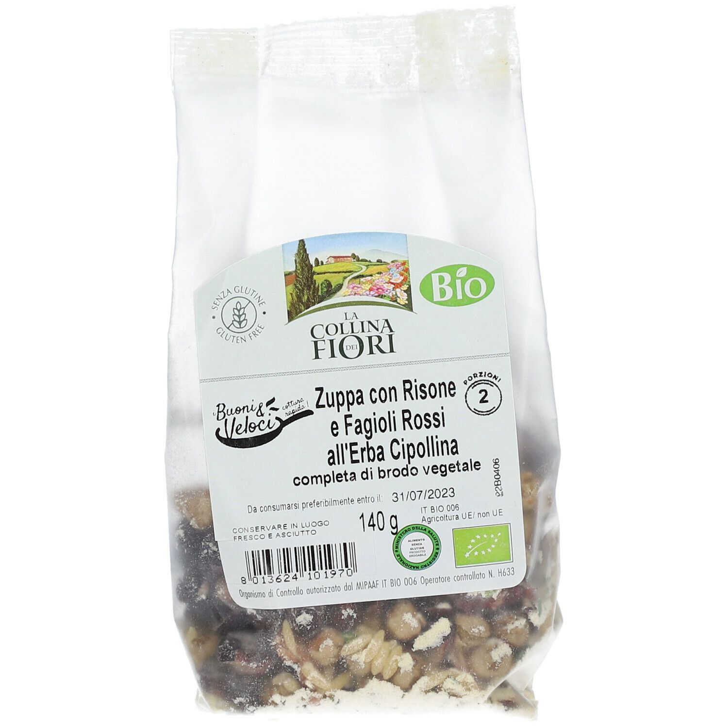 Busta trasparente di zuppa. Scritta: La Collina dei Fiori, Zuppa con Risone e Fagioli Rossi, senza glutine, marchio bio, 140g.