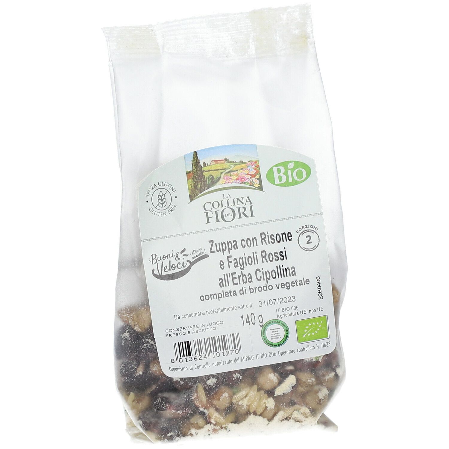 Busta trasparente di zuppa. Scritta: La Collina dei Fiori, Zuppa con Risone e Fagioli Rossi, senza glutine, marchio bio, 140g.