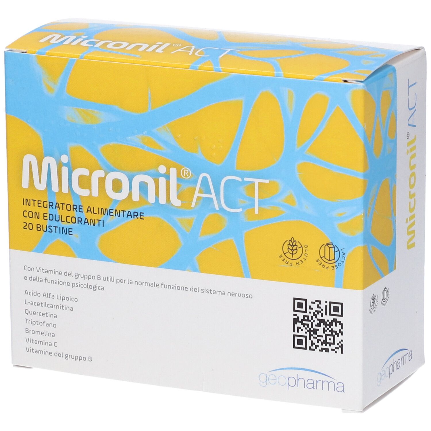 Scatola con nome del prodotto e ingredienti. Design giallo-blu. Sigillo senza glutine.