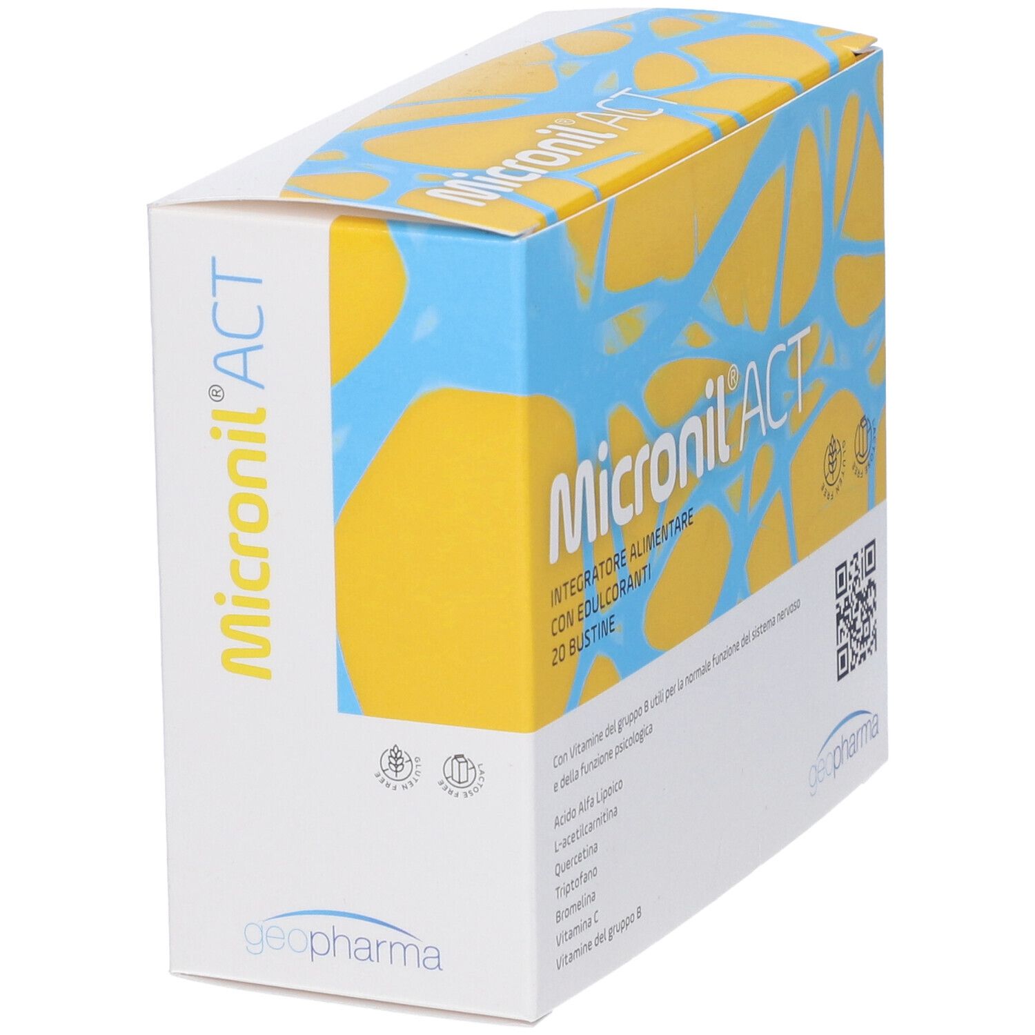 Scatola con nome del prodotto e ingredienti. Design giallo-blu. Logo Geoparma.