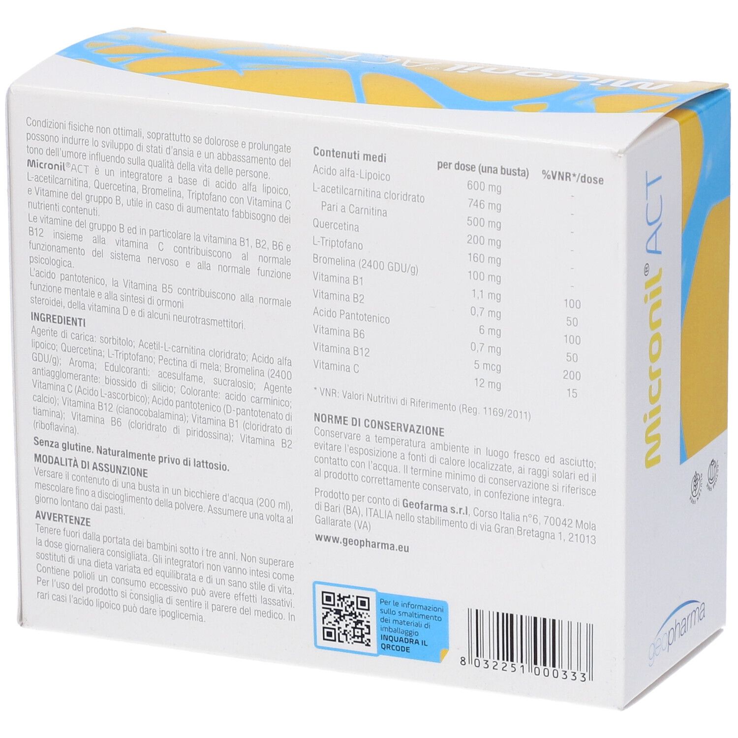 Retro della confezione del prodotto. Ingredienti e informazioni nutrizionali. Codice QR.