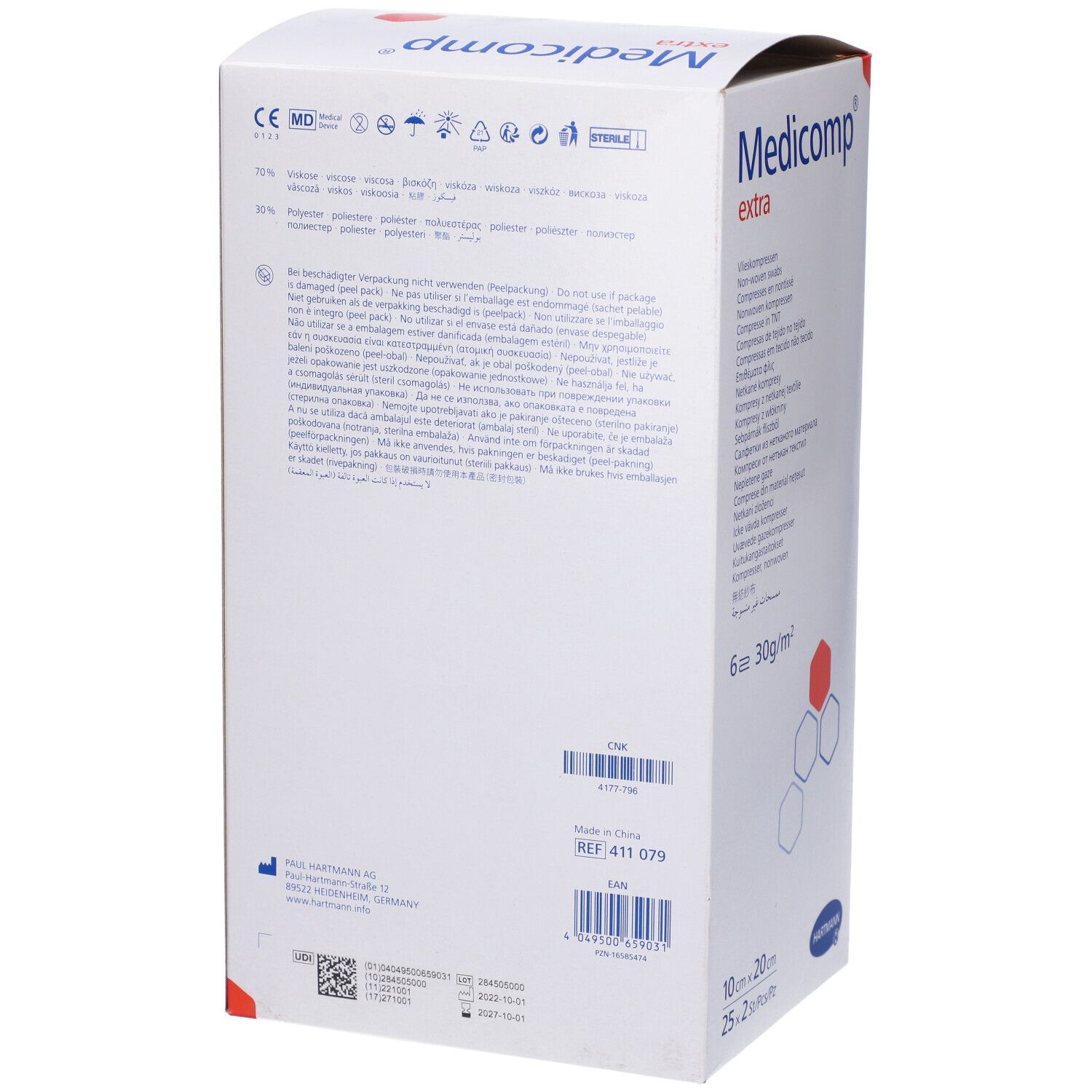 Rückseite der Verpackung von Medicomp extra. Text und Logos. Angaben zu Hersteller und Chargennummer.