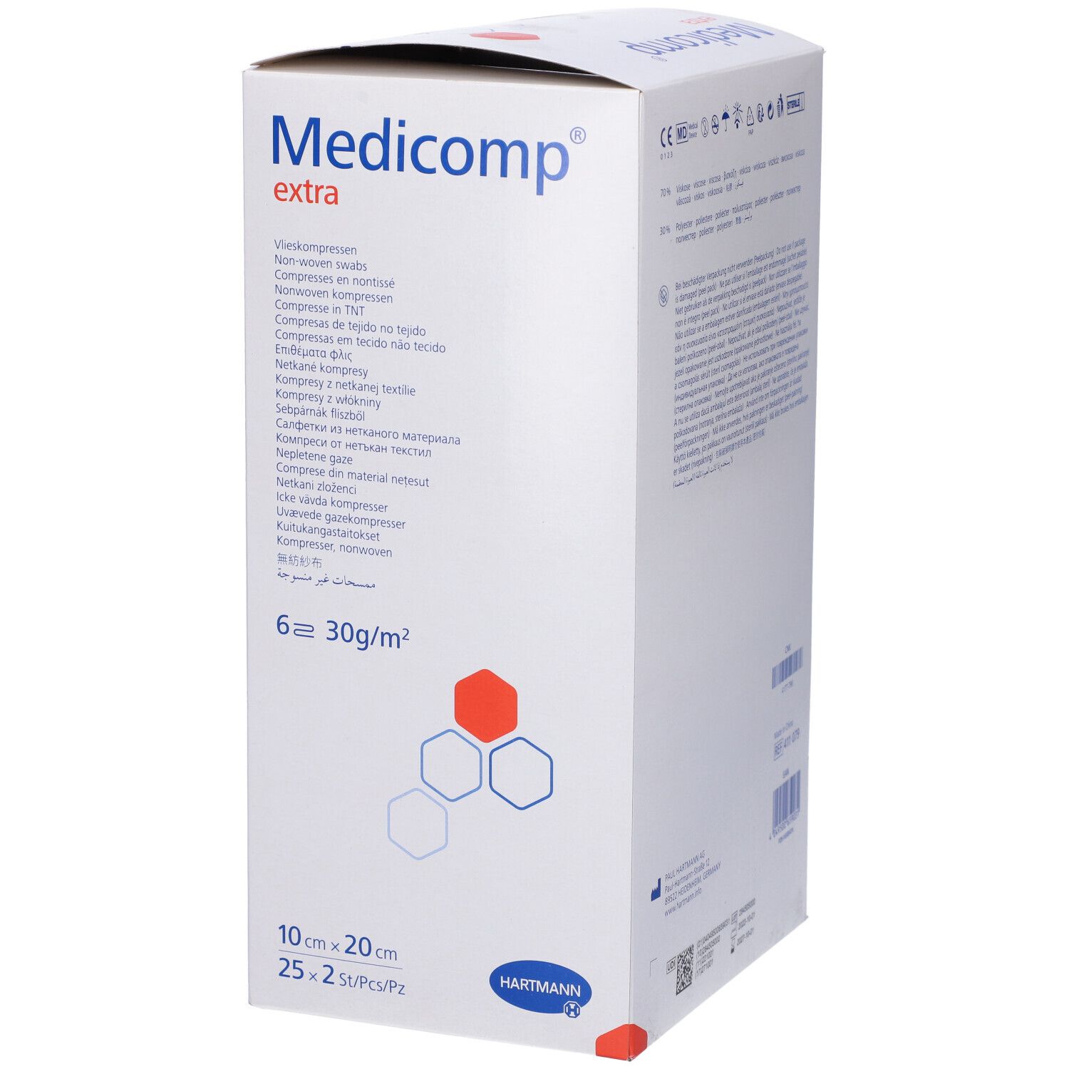 Verpackung von Medicomp extra. Aufdrucke: 10x20 cm, 25x2 St/Pz, 6 Stück, 30g/m². Marke Hartmann.