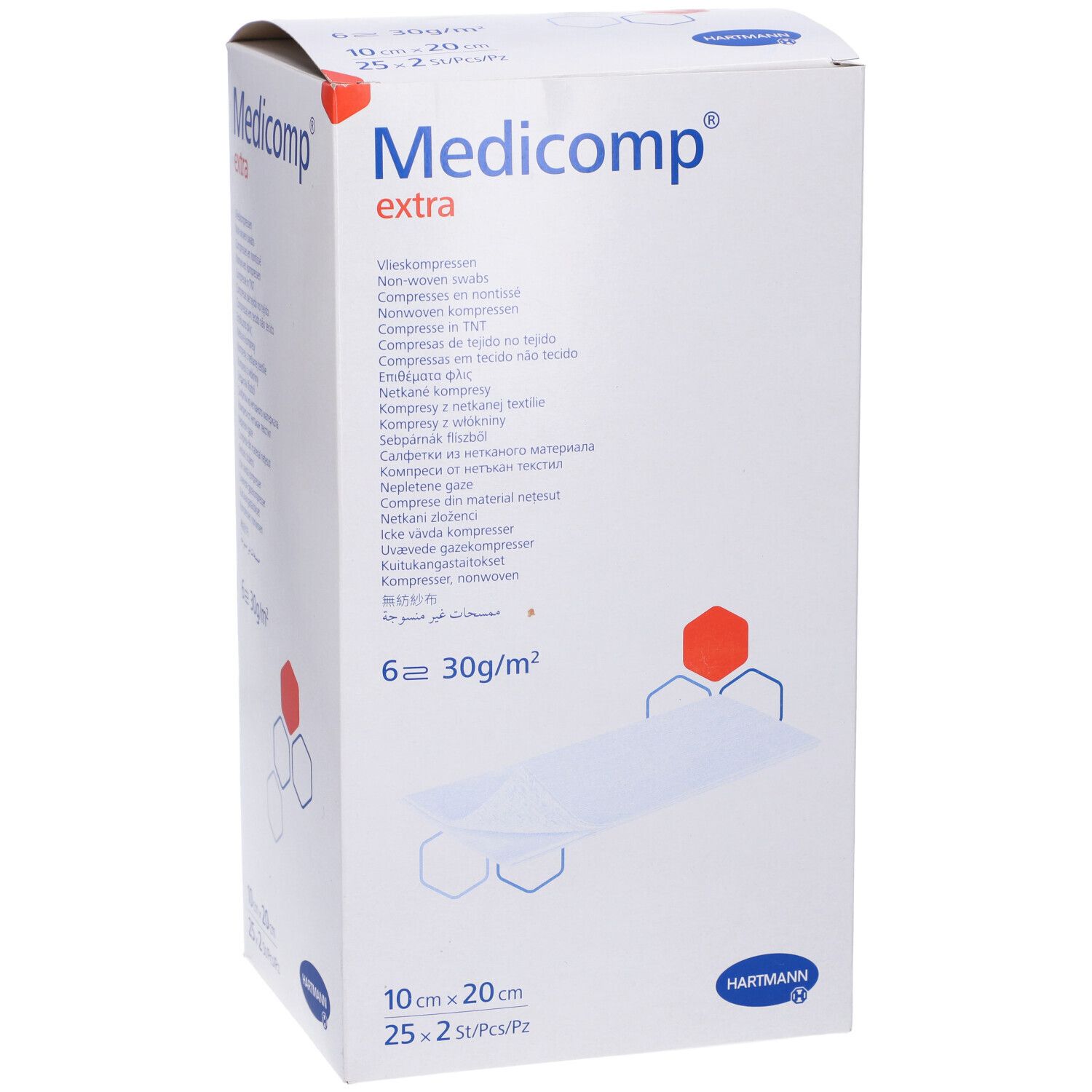Verpackung von Medicomp extra. Aufdrucke: 10x20 cm, 25x2 St/Pz, 6 Stück, 30g/m². Marke Hartmann.