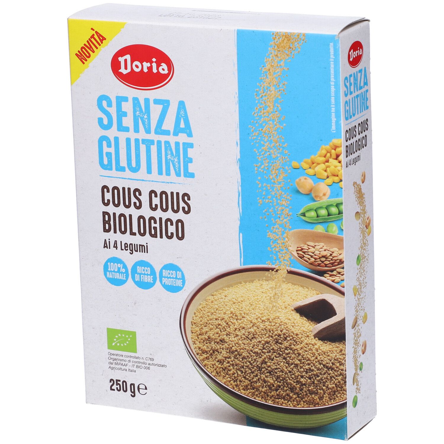 Confezione di Doria Cous Cous Bio 4 Legumi. Scritta: Senza Glutine, Cous Cous Biologico, Ai 4 Legumi. Con marchio biologico.