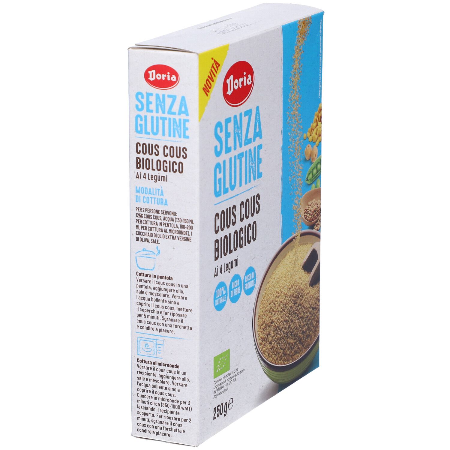 Confezione di Doria Cous Cous Bio 4 Legumi. Scritta: Senza Glutine, Cous Cous Biologico, Ai 4 Legumi. Con marchio biologico.