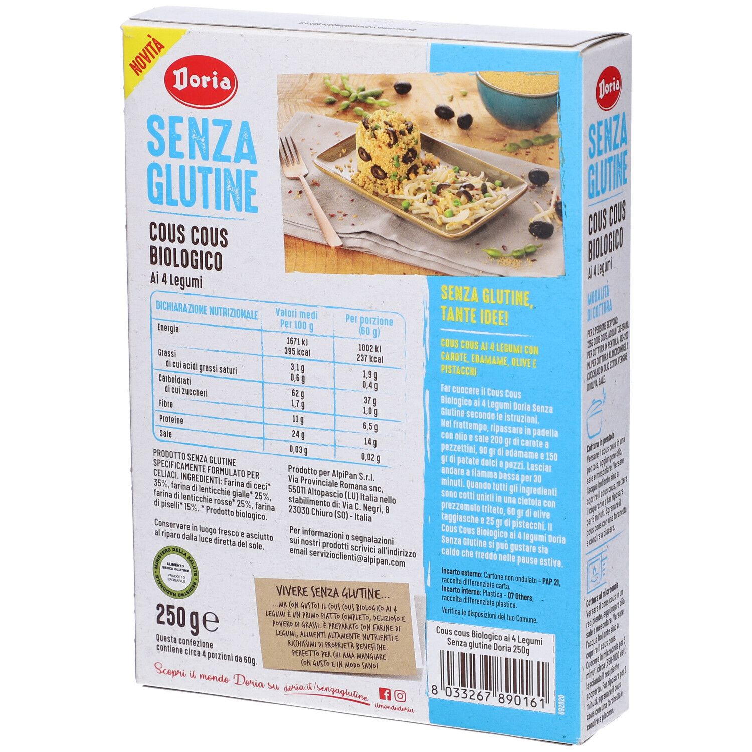 Confezione di Doria Cous Cous Bio 4 Legumi. Scritta: Senza Glutine, Cous Cous Biologico, Ai 4 Legumi. Con marchio biologico.