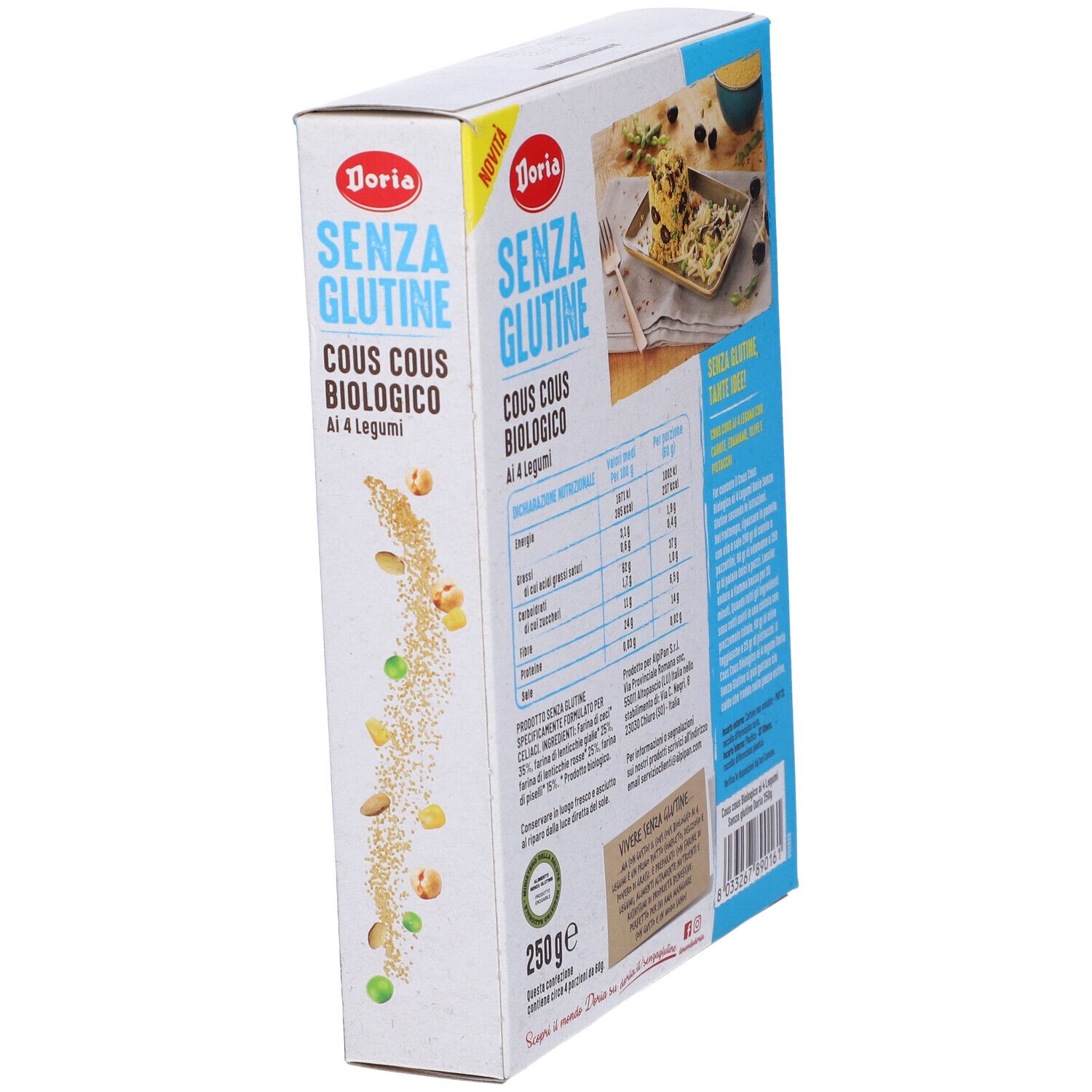 Confezione di Doria Cous Cous Bio 4 Legumi. Scritta: Senza Glutine, Cous Cous Biologico, Ai 4 Legumi. Con marchio biologico.