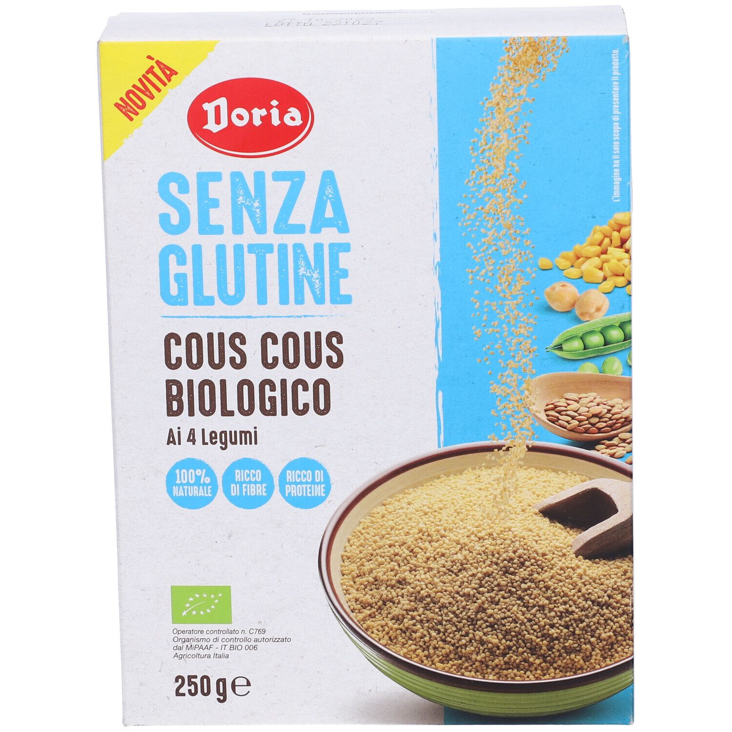 Confezione di Doria Cous Cous Bio 4 Legumi. Scritta: Senza Glutine, Cous Cous Biologico, Ai 4 Legumi. Con marchio biologico.
