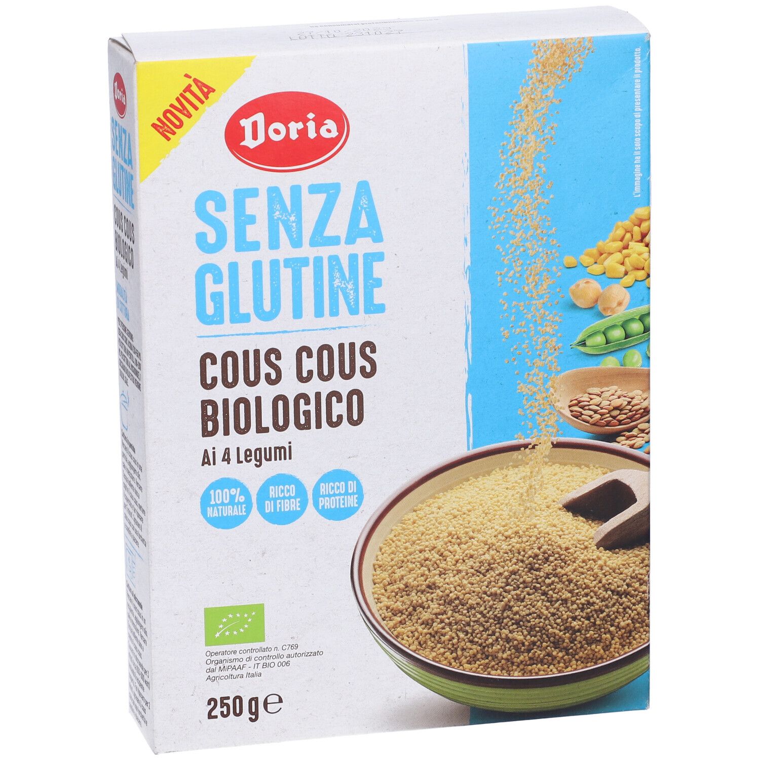 Confezione di Doria Cous Cous Bio 4 Legumi. Scritta: Senza Glutine, Cous Cous Biologico, Ai 4 Legumi. Con marchio biologico.