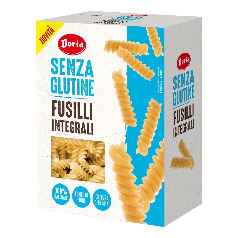 Doria Fusilli Integrali, glutenfreie Vollkornnudeln. Karton mit Produktabbildung und Schriftzug.