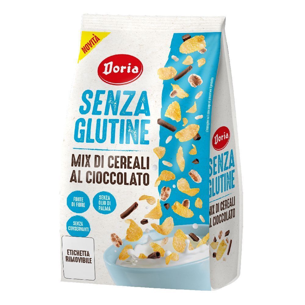 Confezione di Doria Mix Cereali Cioccolato. Scritta: SENZA GLUTINE, Mix di cereali al cioccolato. Con cereali e pezzi di cioccolato.