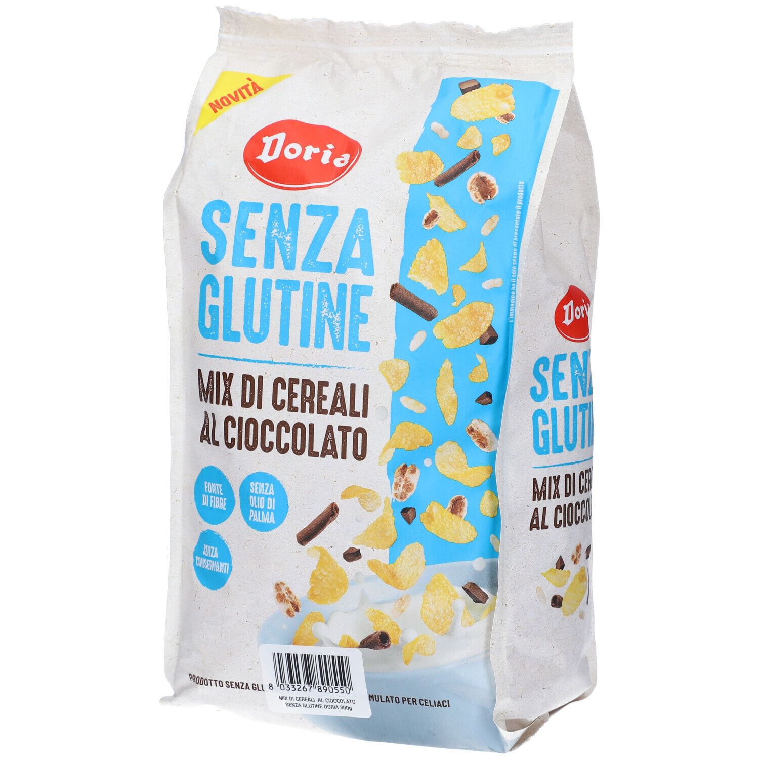 Confezione di Doria Mix Cereali Cioccolato. Scritta: SENZA GLUTINE, Mix di cereali al cioccolato. Con cereali e pezzi di cioccolato.