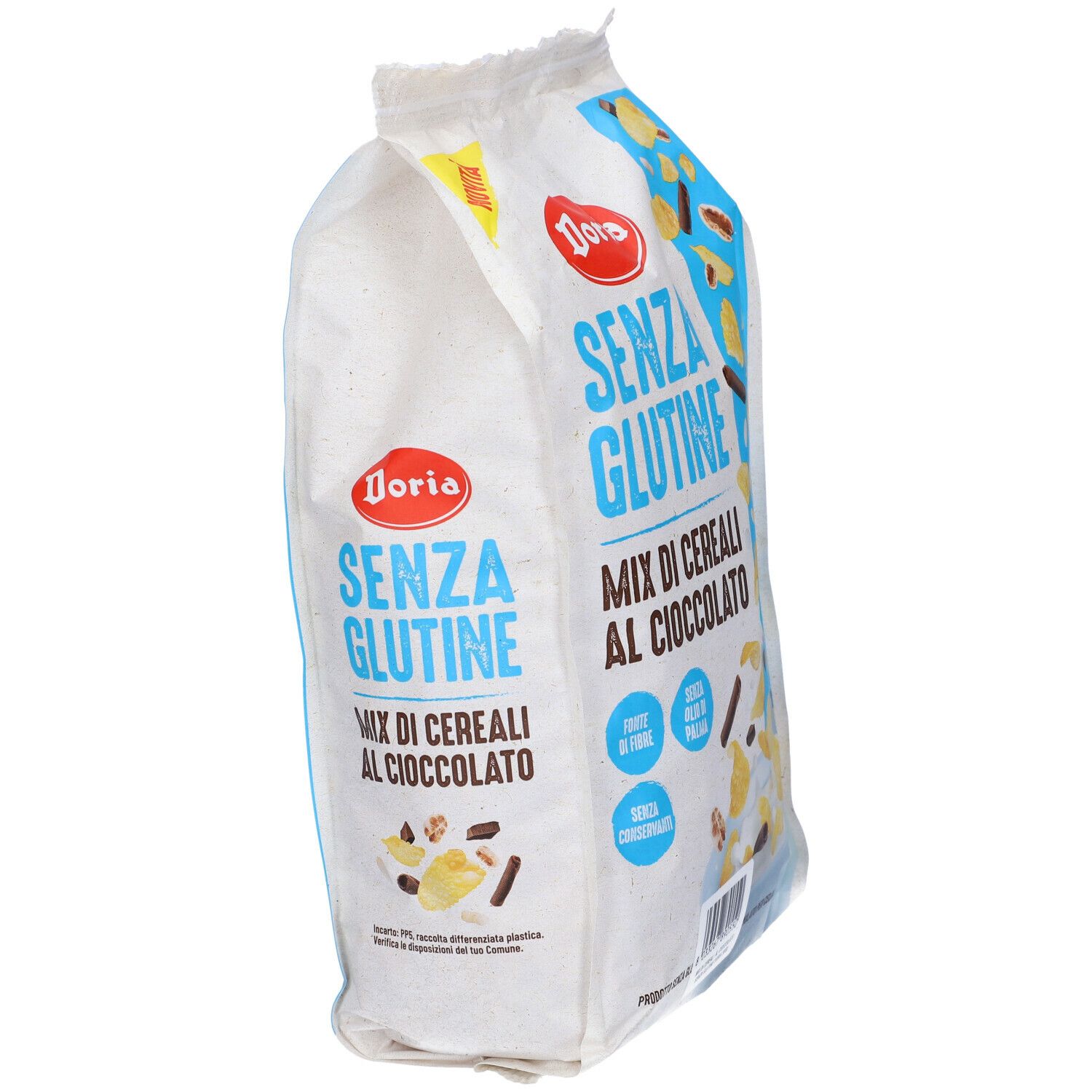 Confezione di Doria Mix Cereali Cioccolato. Scritta: SENZA GLUTINE, Mix di cereali al cioccolato. Con cereali e pezzi di cioccolato.