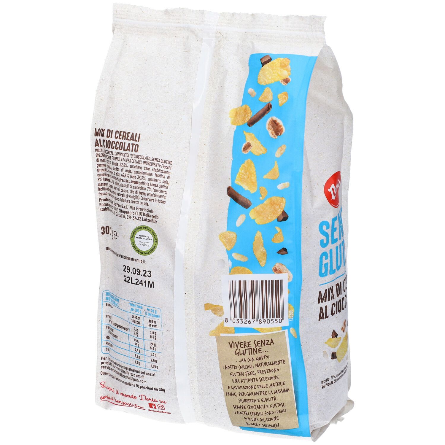 Retro della confezione Doria Mix Cereali Cioccolato. Contiene informazioni nutrizionali, codice a barre e data di scadenza.