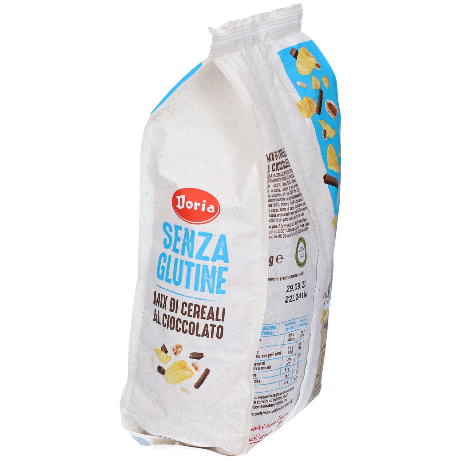 Confezione di Doria Mix Cereali Cioccolato. Scritta: SENZA GLUTINE, Mix di cereali al cioccolato. Con cereali e pezzi di cioccolato.
