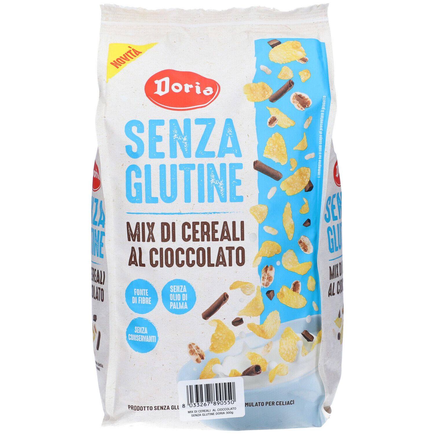 Confezione di Doria Mix Cereali Cioccolato. Scritta: SENZA GLUTINE, Mix di cereali al cioccolato. Con cereali e pezzi di cioccolato.