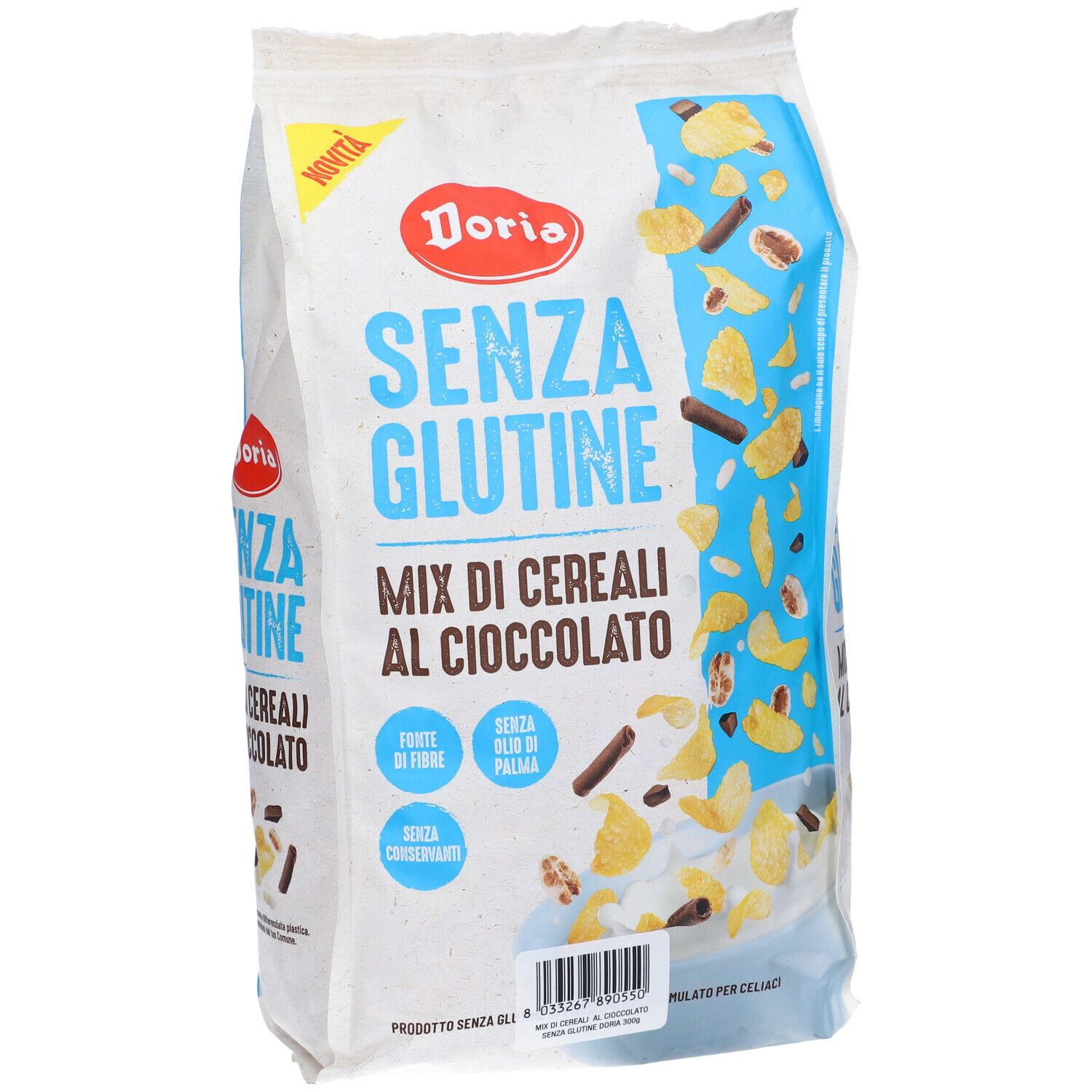 Confezione di Doria Mix Cereali Cioccolato. Scritta: SENZA GLUTINE, Mix di cereali al cioccolato. Con cereali e pezzi di cioccolato.
