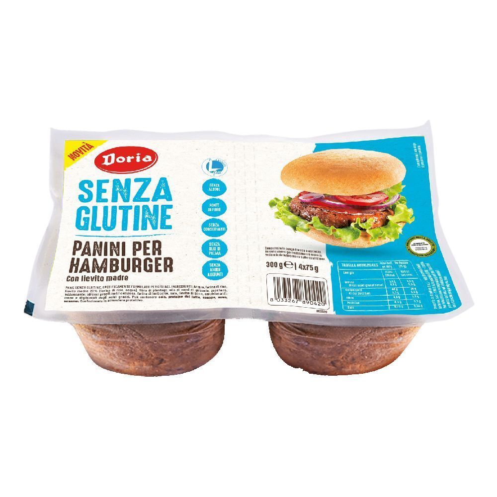 Confezione di Doria Panini Hamburger senza glutine. Raffigurato un hamburger. Scritta: SENZA GLUTINE, Panini per Hamburger.