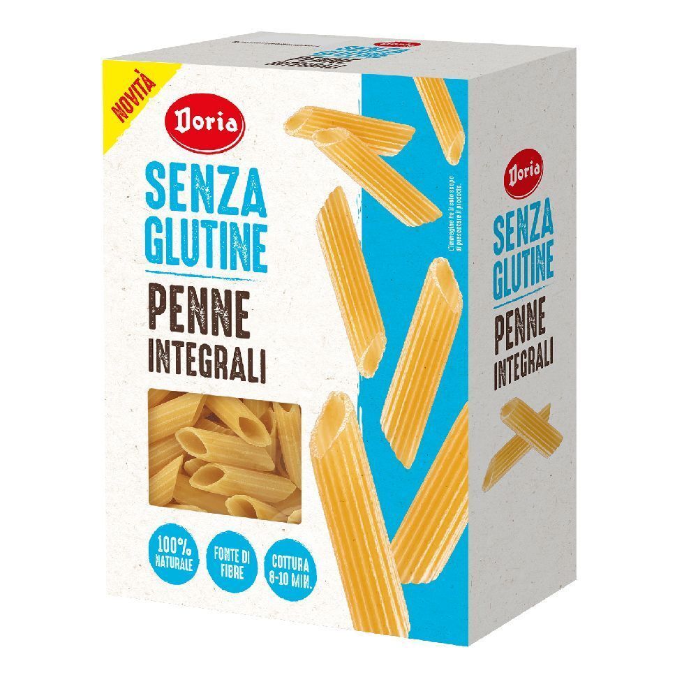 Doria Penne Integrali, glutenfrei, in Kartonverpackung. Aufdruck: Senza Glutine, Penne Integrali. Sichtfenster mit Penne.