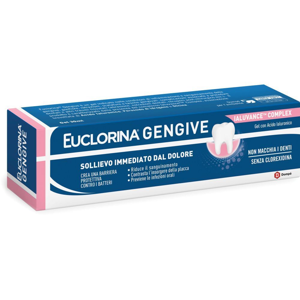 Scatola blu e rosa con nome prodotto e illustrazione dente. Testo: Sollievo immediato dal dolore, crea barriera protettiva contro batteri.